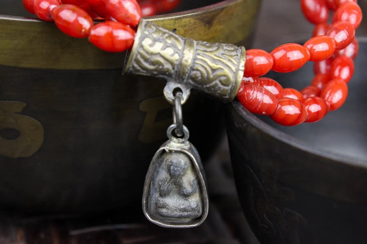 Red Bamboo Coral and Thai Amulet Bracelet