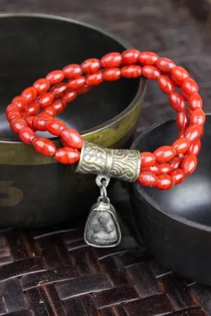 Red Bamboo Coral and Thai Amulet Bracelet
