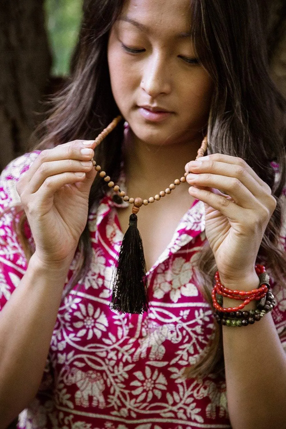 Red Bamboo Coral and Thai Amulet Bracelet