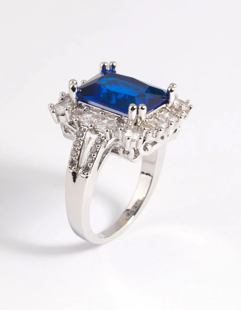 Rhodium Cubic Zirconia Blue Asscher Ring