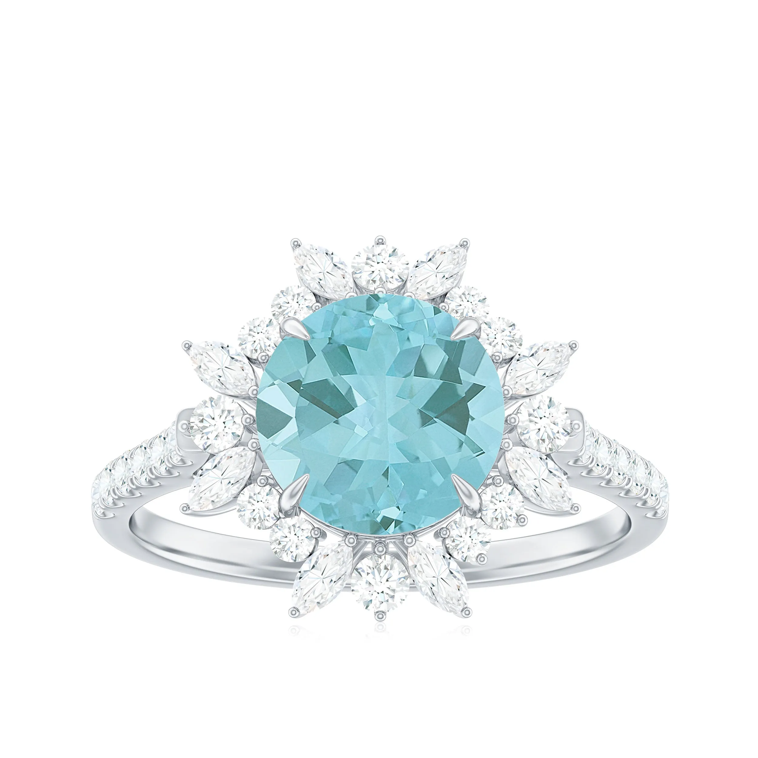 Round Sky Blue Topaz Statement Engagement Ring with Moissanite Floral Halo