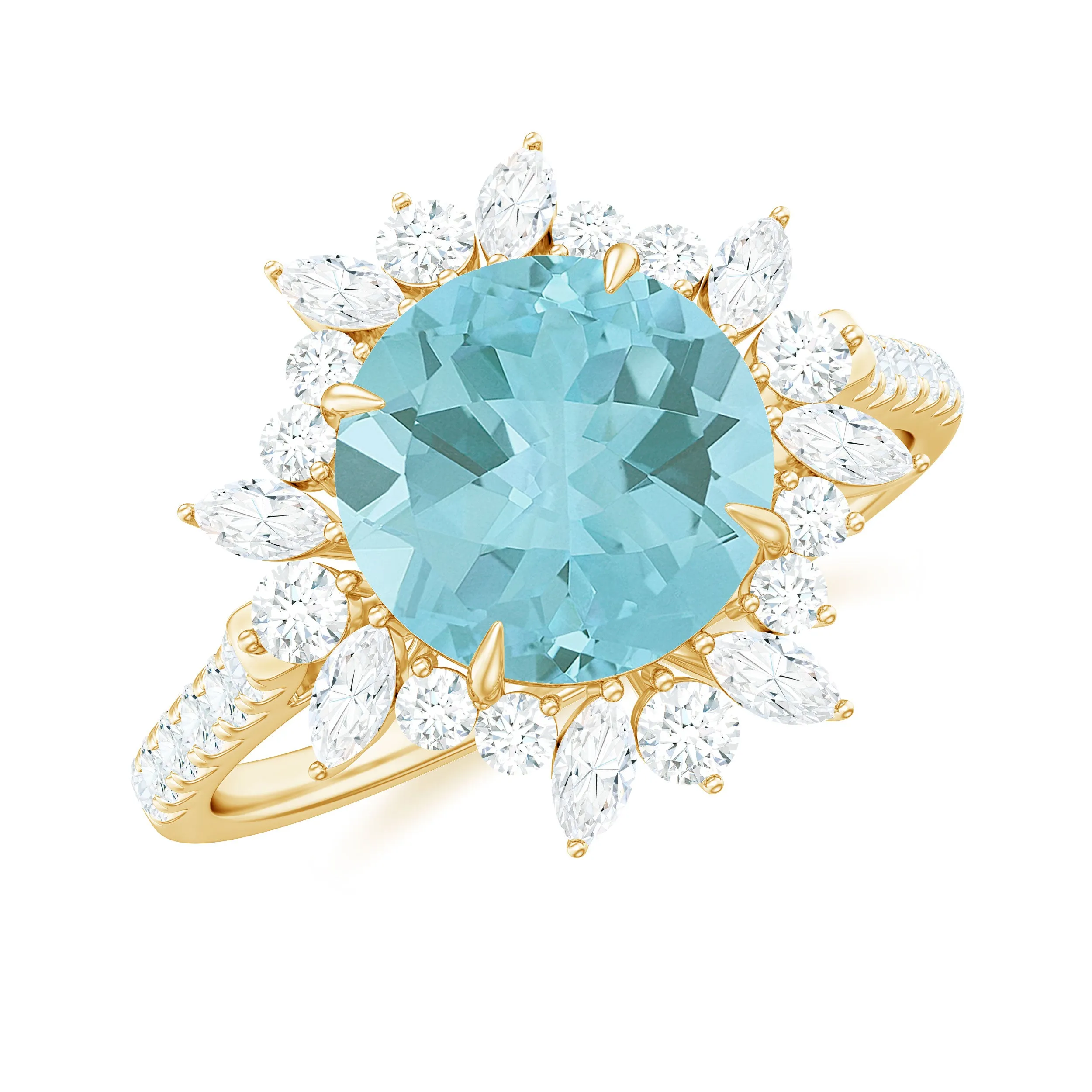 Round Sky Blue Topaz Statement Engagement Ring with Moissanite Floral Halo