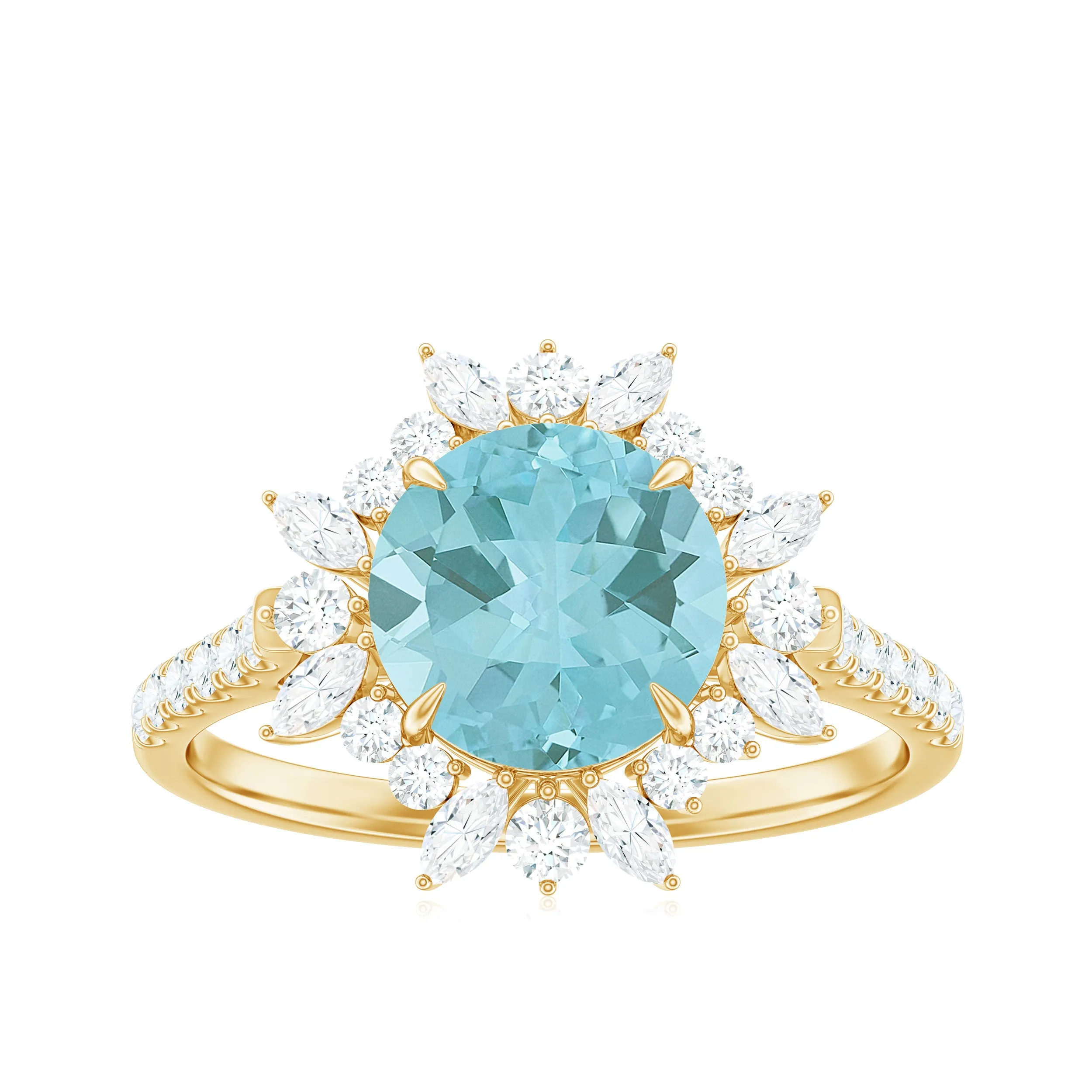 Round Sky Blue Topaz Statement Engagement Ring with Moissanite Floral Halo