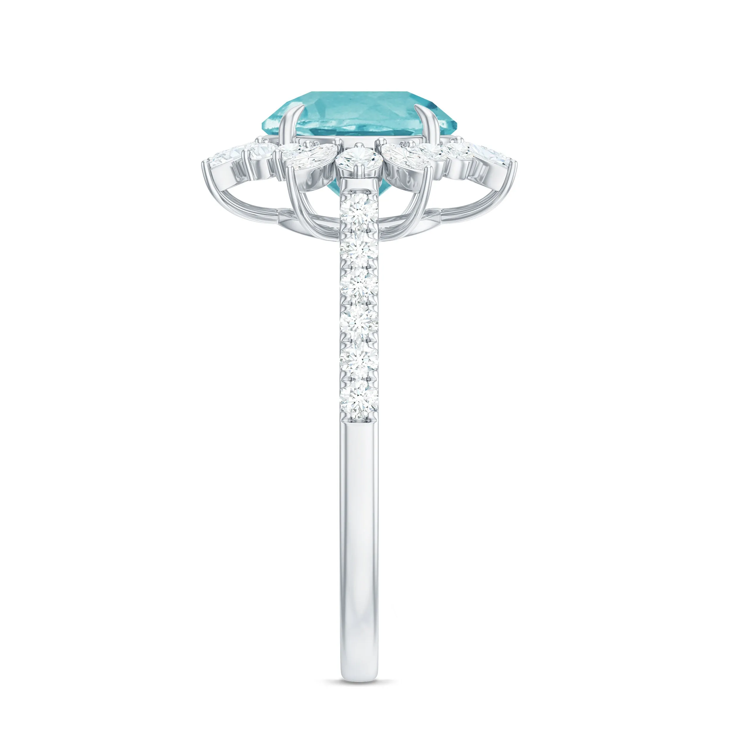 Round Sky Blue Topaz Statement Engagement Ring with Moissanite Floral Halo