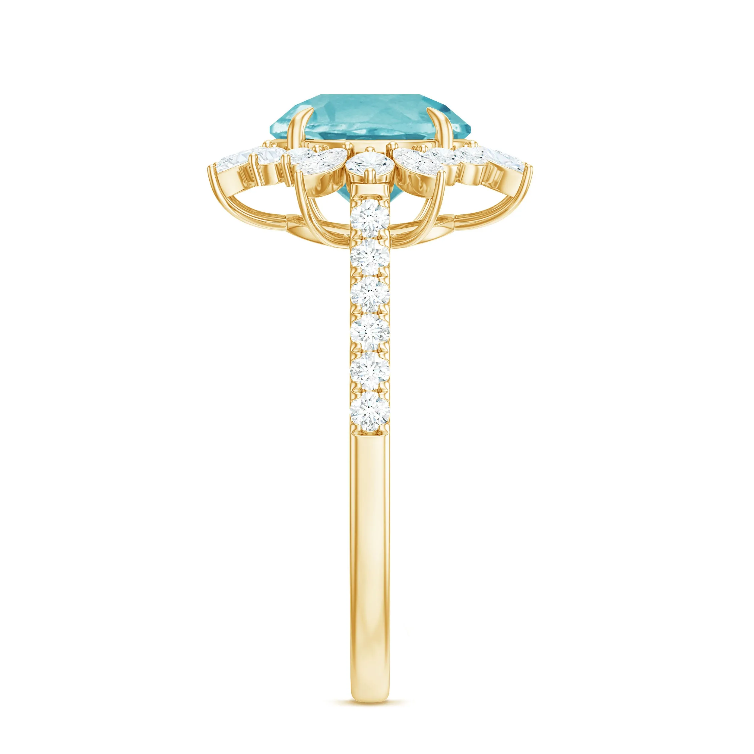 Round Sky Blue Topaz Statement Engagement Ring with Moissanite Floral Halo
