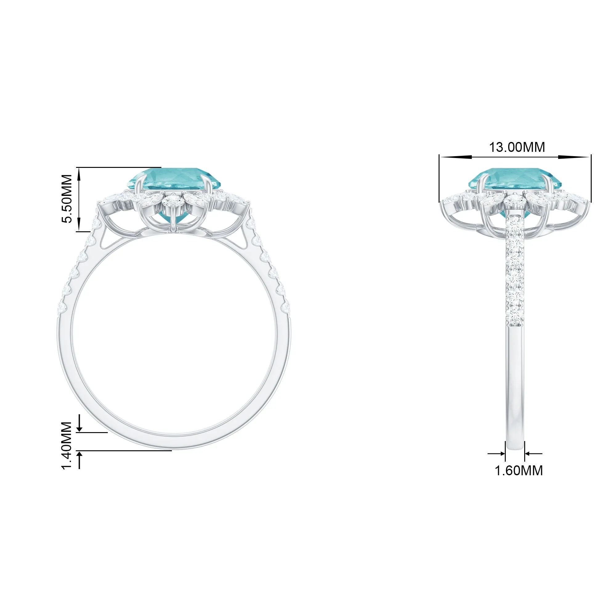 Round Sky Blue Topaz Statement Engagement Ring with Moissanite Floral Halo