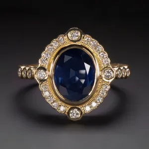 SAPPHIRE DIAMOND COCKTAIL RING VINTAGE STYLE 2.79ct SCALLOP HALO 14k YELLOW GOLD