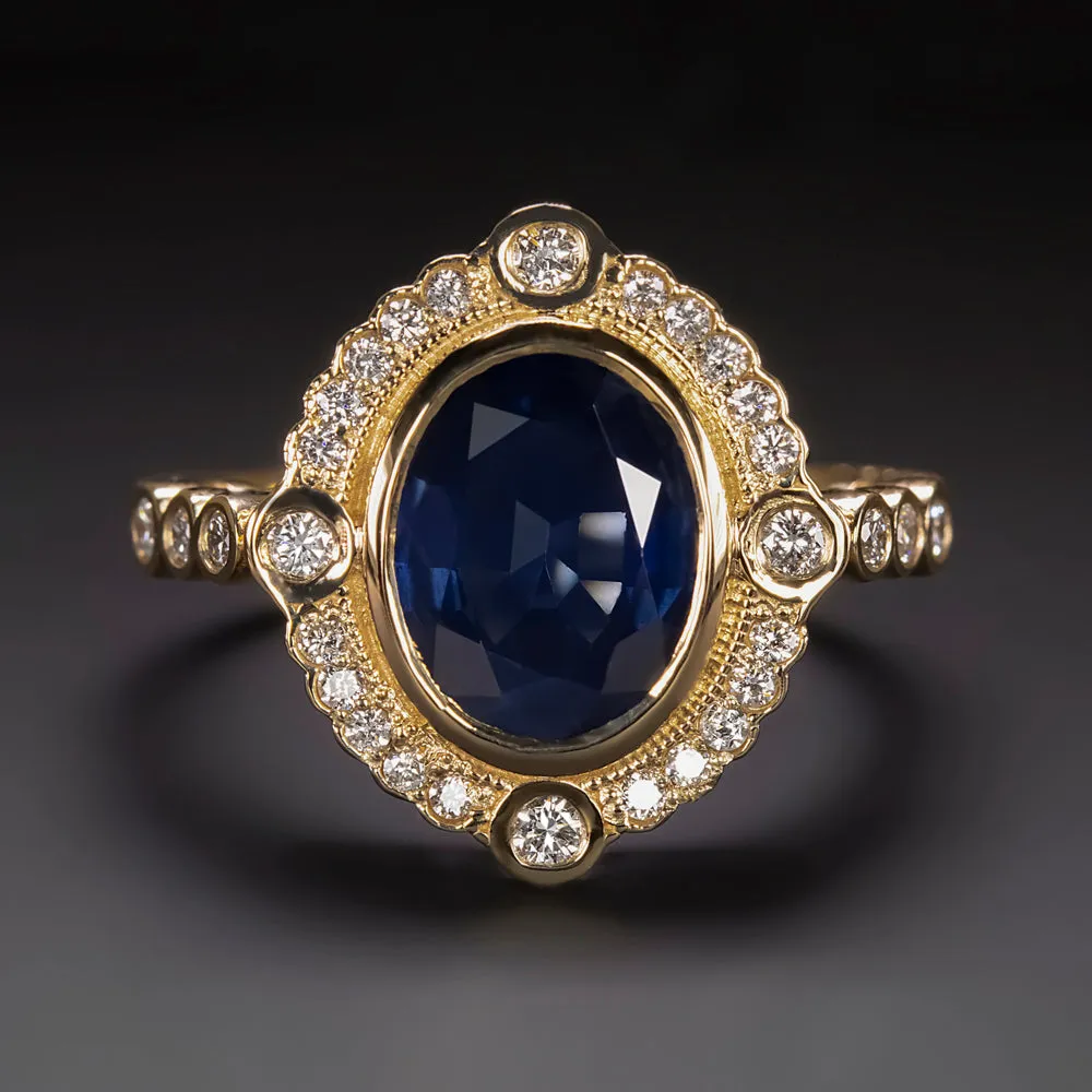 SAPPHIRE DIAMOND COCKTAIL RING VINTAGE STYLE 2.79ct SCALLOP HALO 14k YELLOW GOLD
