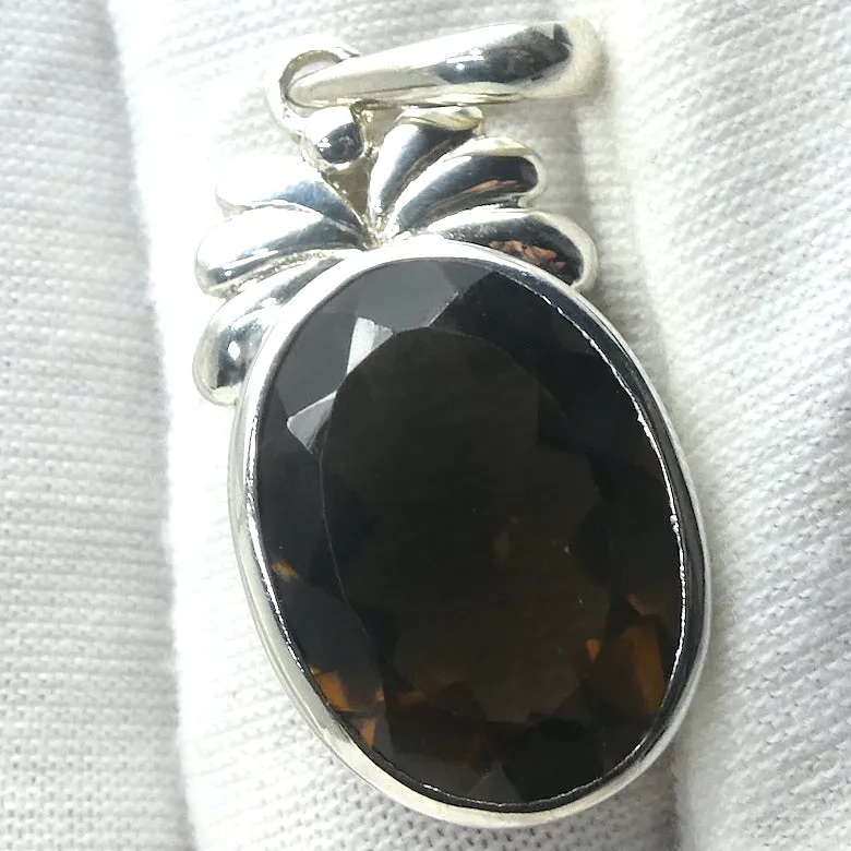 Smoky Quartz Pendant, Faceted Oval, 925 Sterling Silver