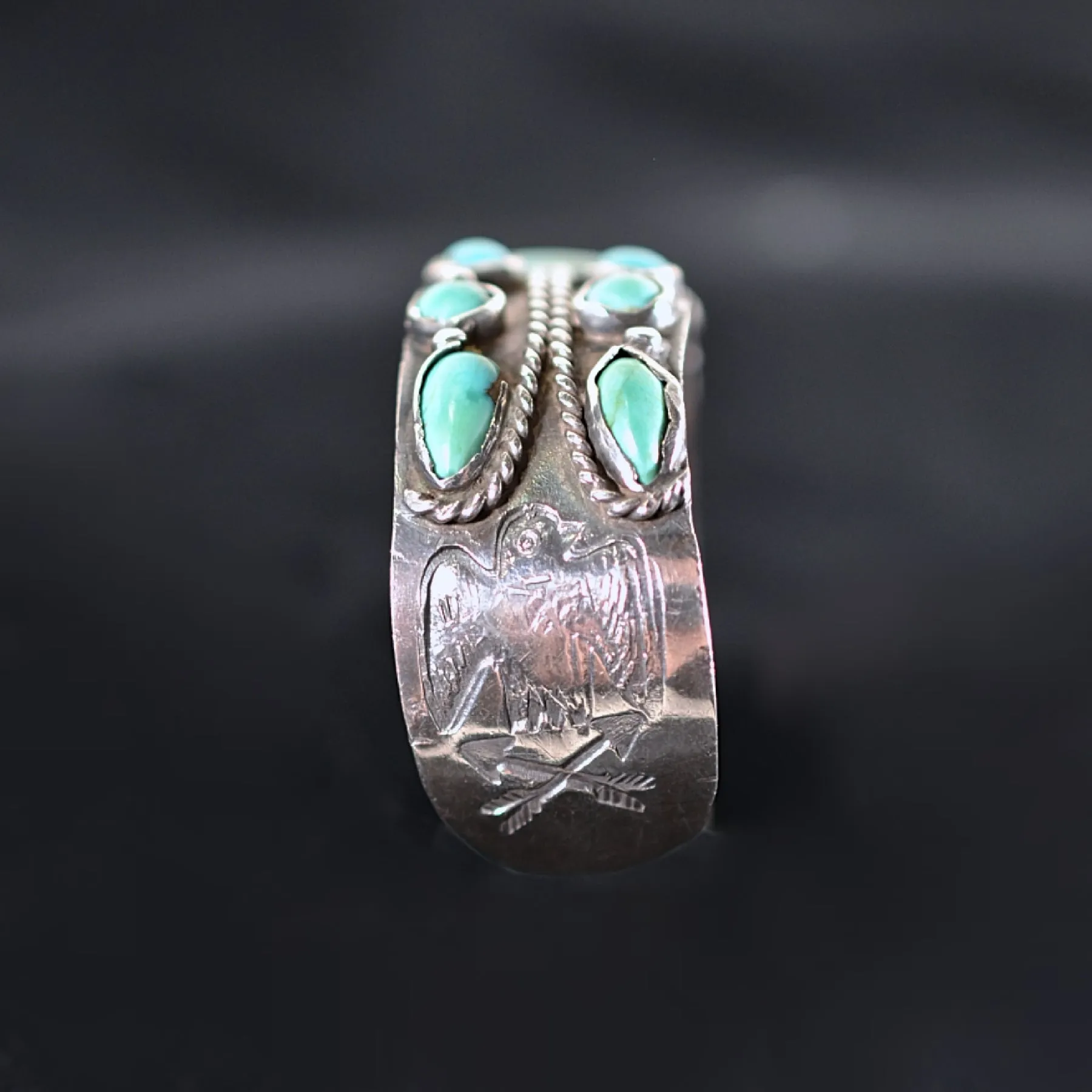 SOLD Vintage Fred Harvey Era Silver Turquoise Cluster Bracelet, 28.8 Grams