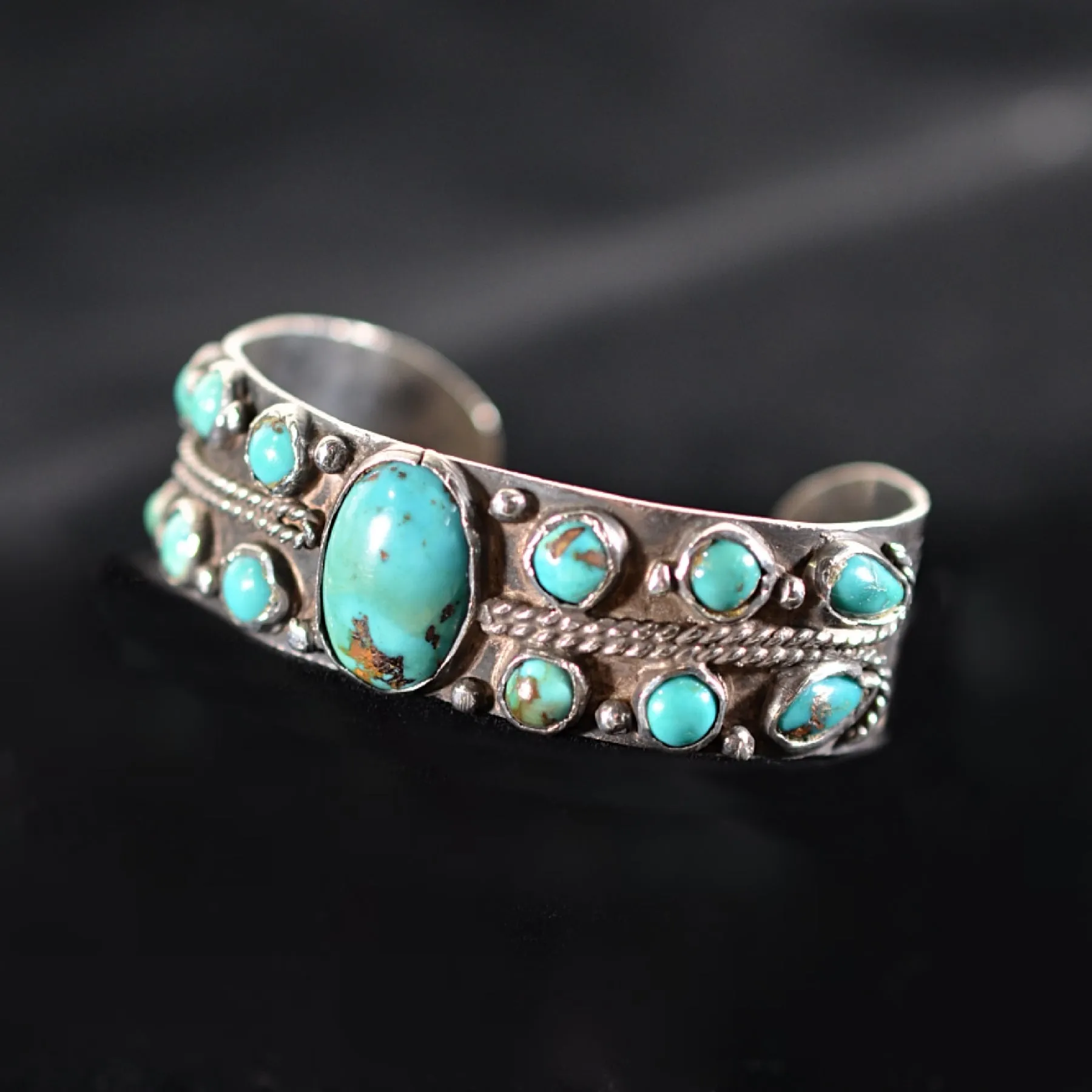 SOLD Vintage Fred Harvey Era Silver Turquoise Cluster Bracelet, 28.8 Grams