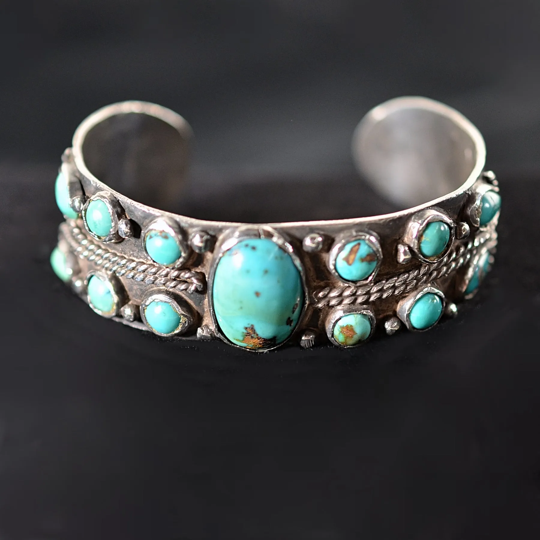 SOLD Vintage Fred Harvey Era Silver Turquoise Cluster Bracelet, 28.8 Grams