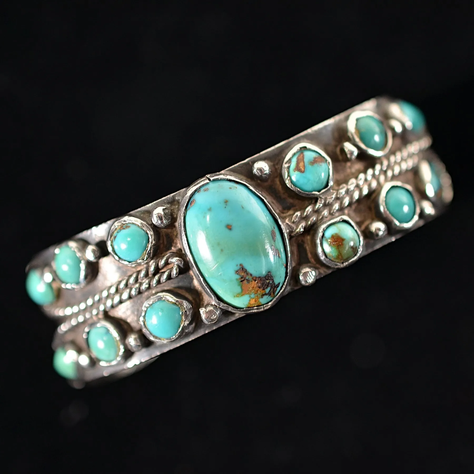 SOLD Vintage Fred Harvey Era Silver Turquoise Cluster Bracelet, 28.8 Grams
