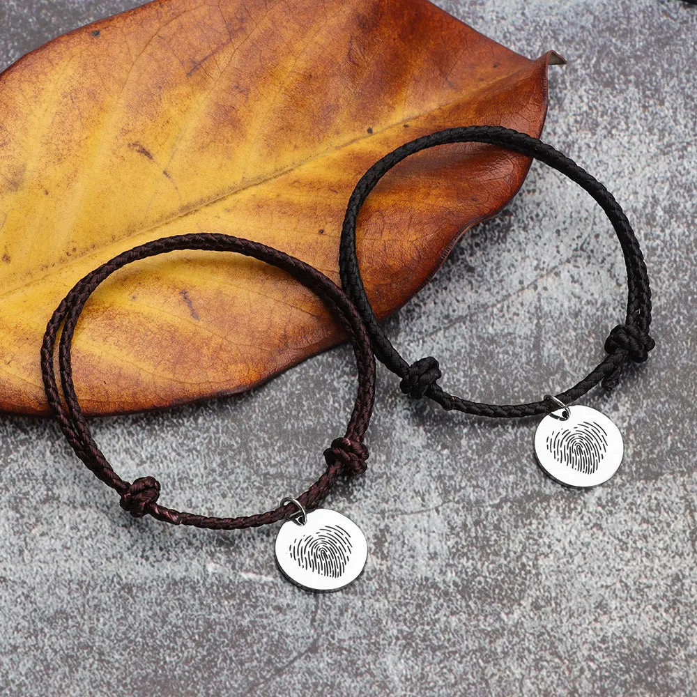 Stainless Steel Fingerprint Love Pendant Disc Woven Couple Bracelet