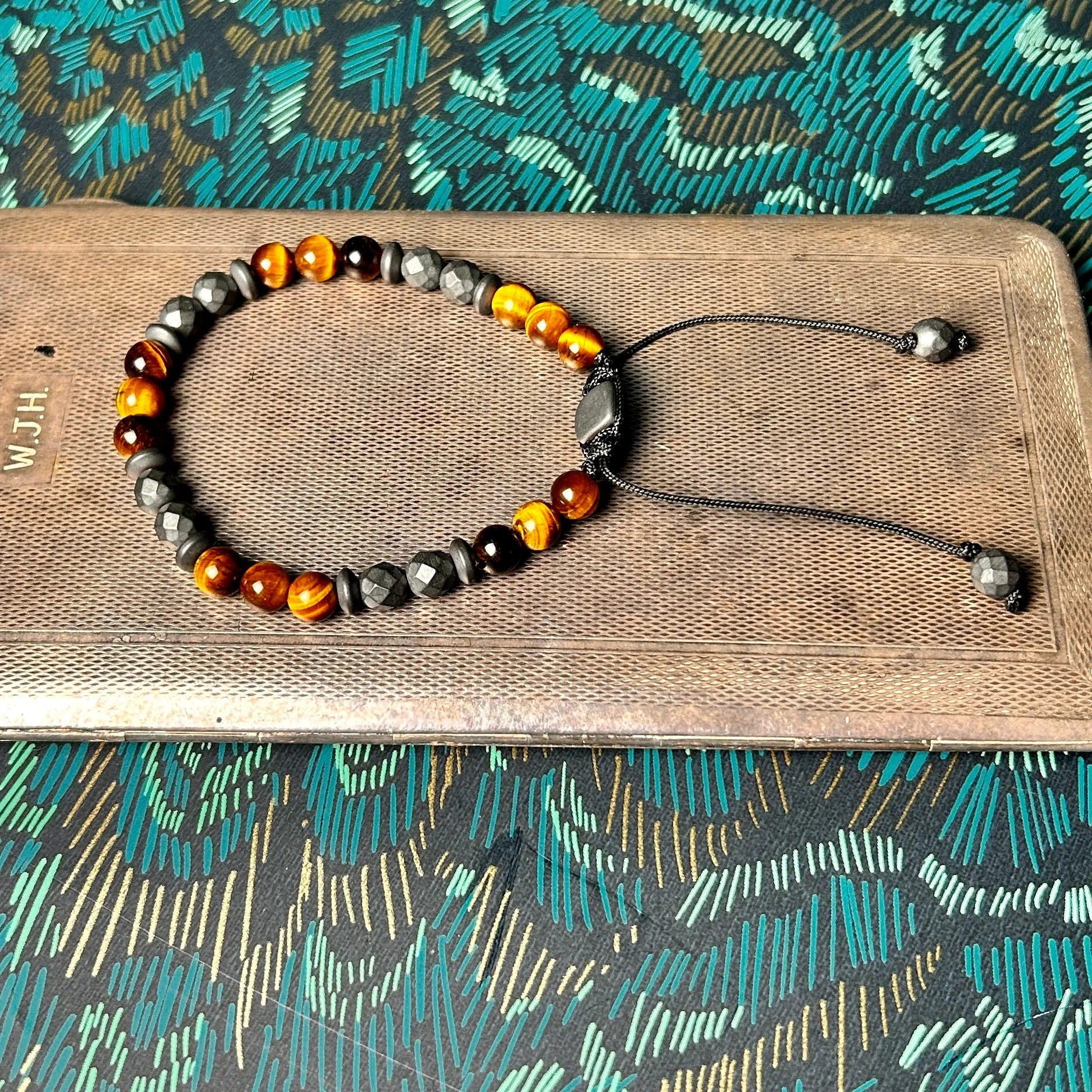 'Stephen' handmade men's grey hematite gemstone and tiger eye beaded sllder bracelet
