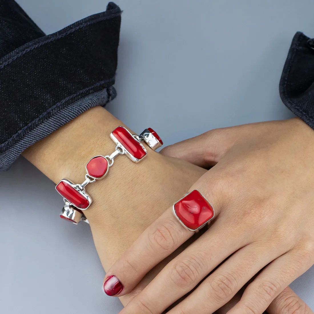 Sterling Silver and Red Coral Bracelet