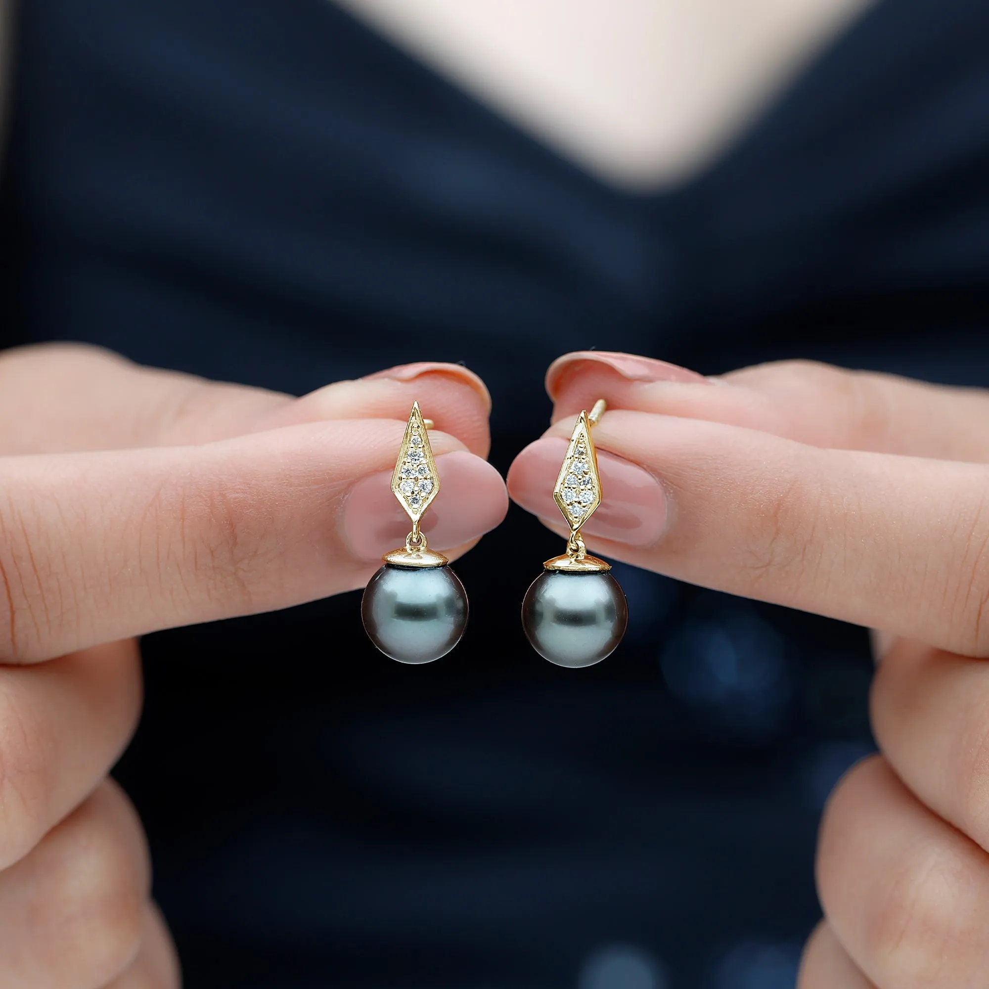 Tahitian Pearl Drop and Diamond Art Deco Earrings