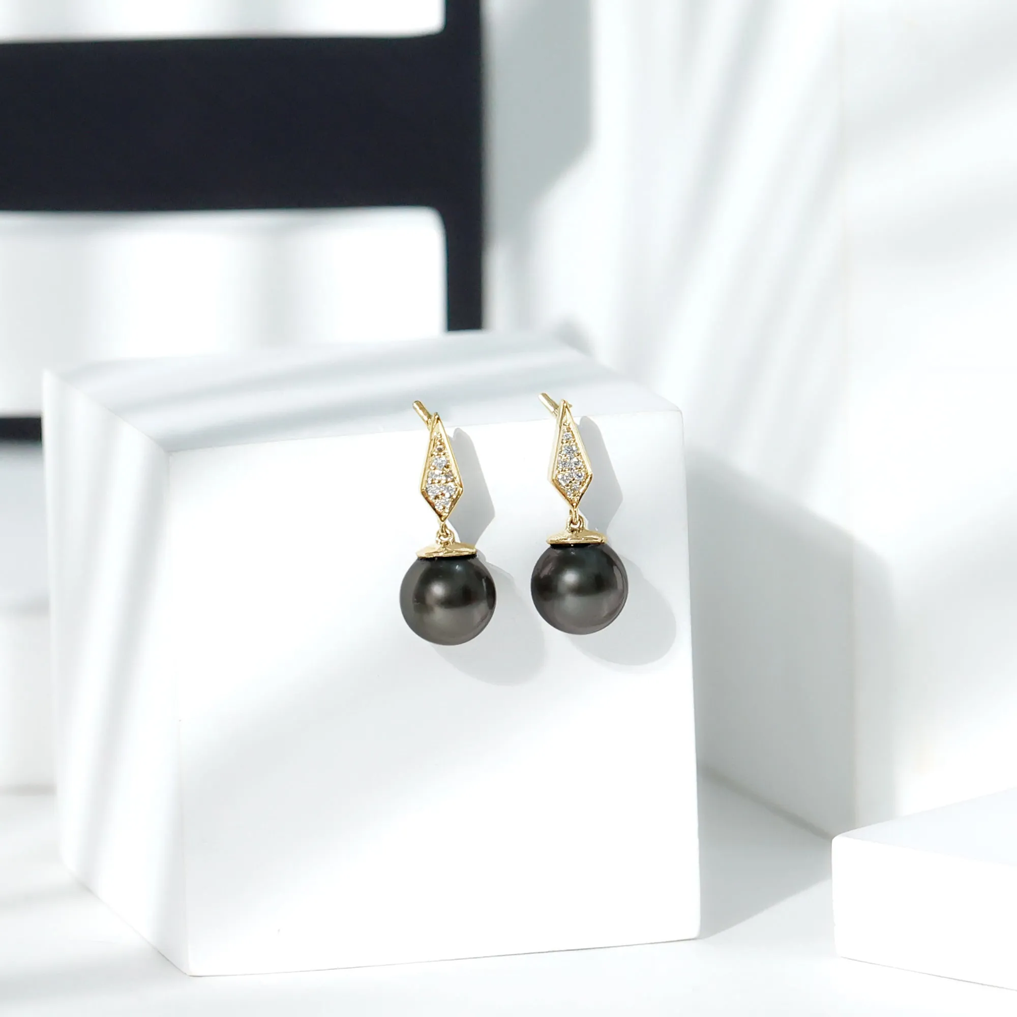 Tahitian Pearl Drop and Diamond Art Deco Earrings