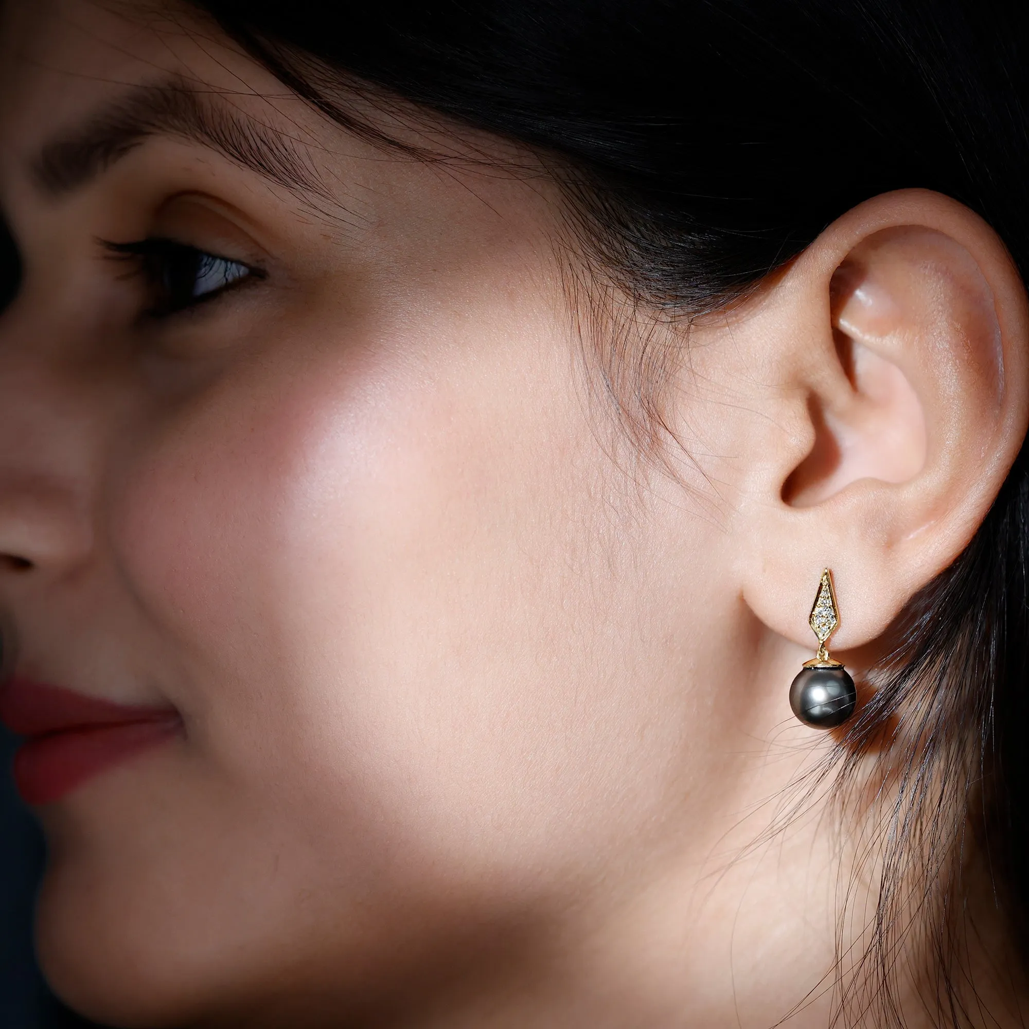 Tahitian Pearl Drop and Diamond Art Deco Earrings
