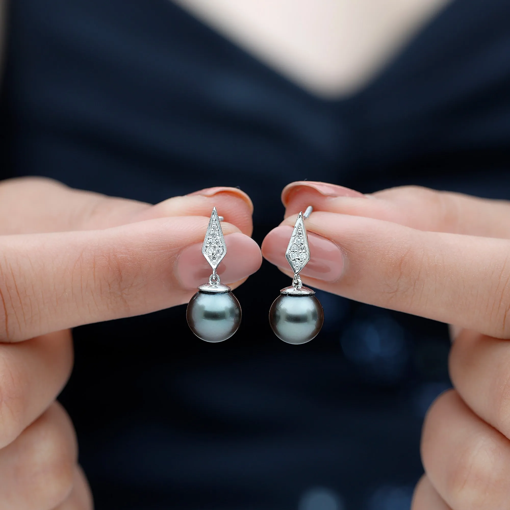 Tahitian Pearl Drop and Diamond Art Deco Earrings