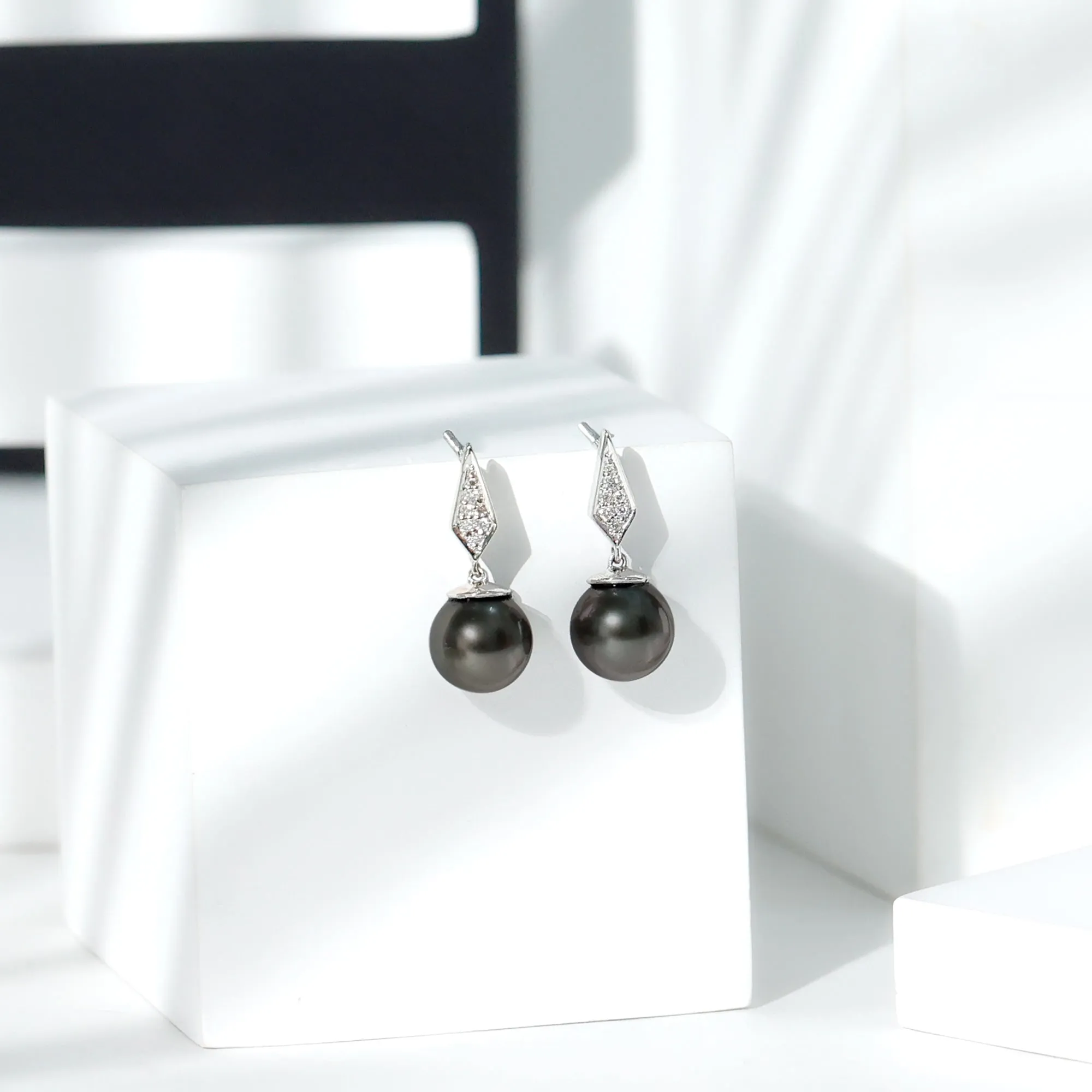 Tahitian Pearl Drop and Diamond Art Deco Earrings
