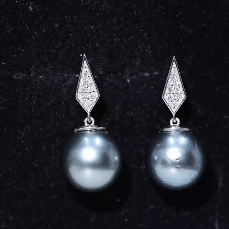 Tahitian Pearl Drop and Diamond Art Deco Earrings