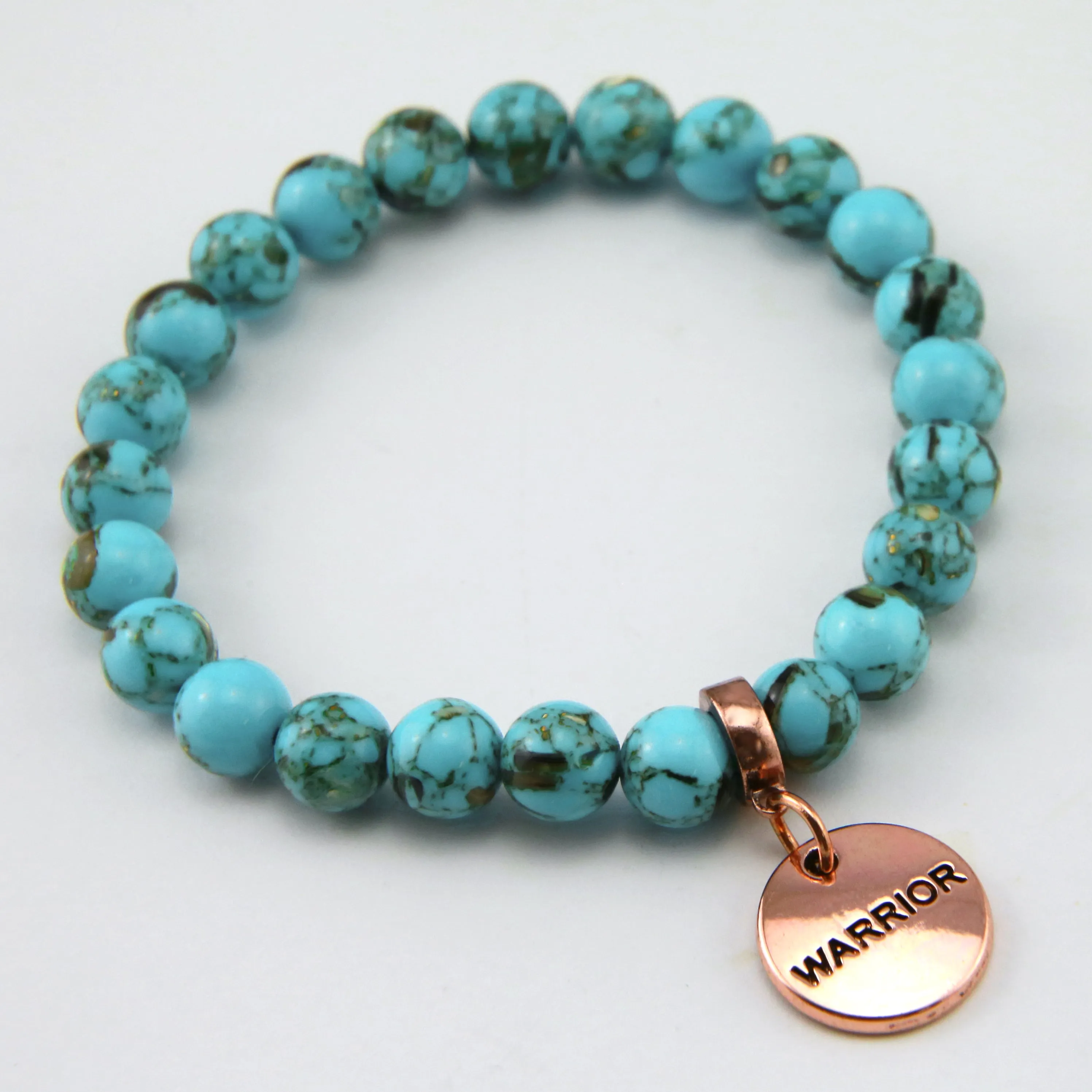 TEAL COLLECTION - Peacock Teal Synthesis 8mm Bead Bracelet - Rose Gold Word Charms