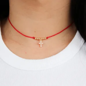 Tiny Pearl Cross Cotton Cord Choker