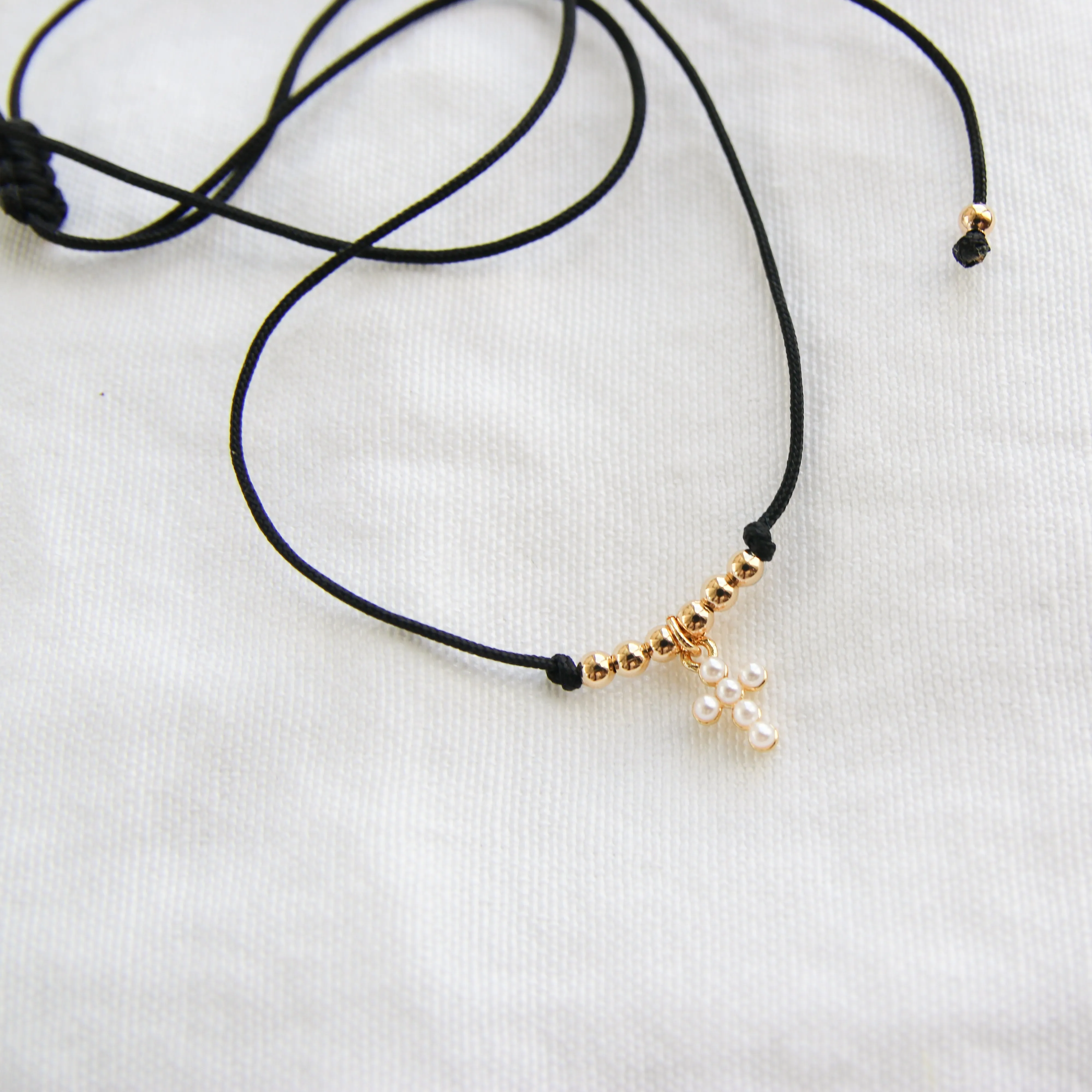 Tiny Pearl Cross Cotton Cord Choker