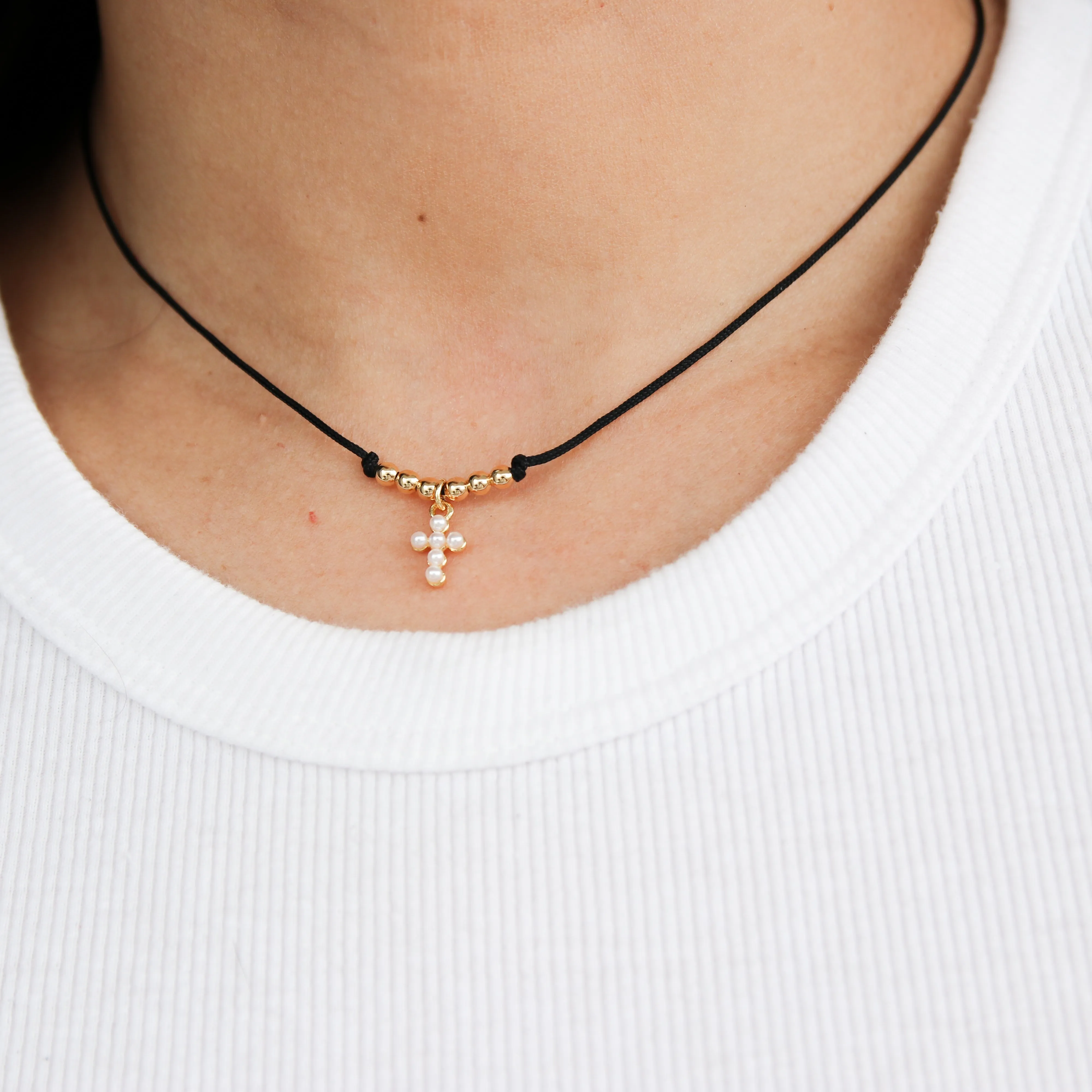 Tiny Pearl Cross Cotton Cord Choker