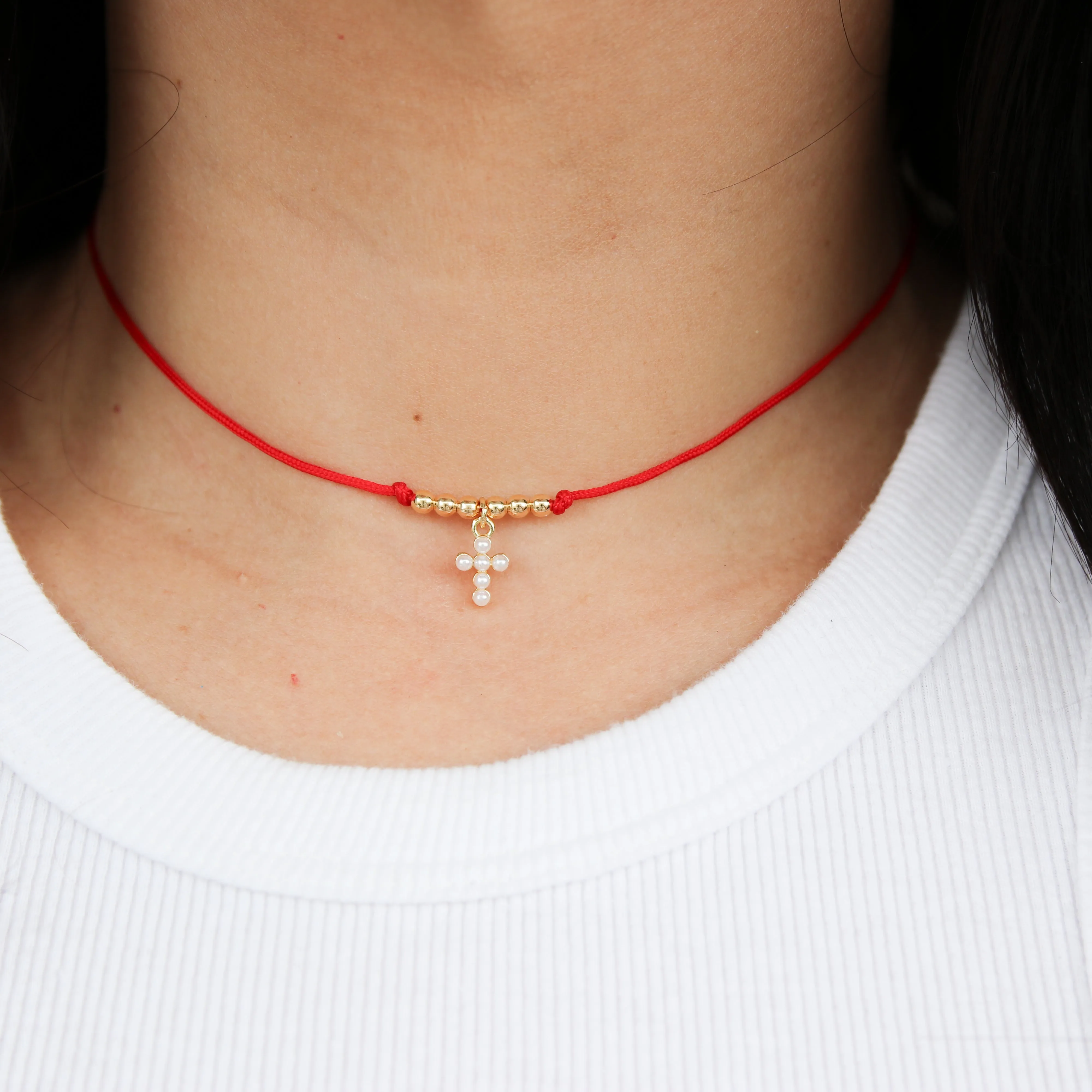 Tiny Pearl Cross Cotton Cord Choker