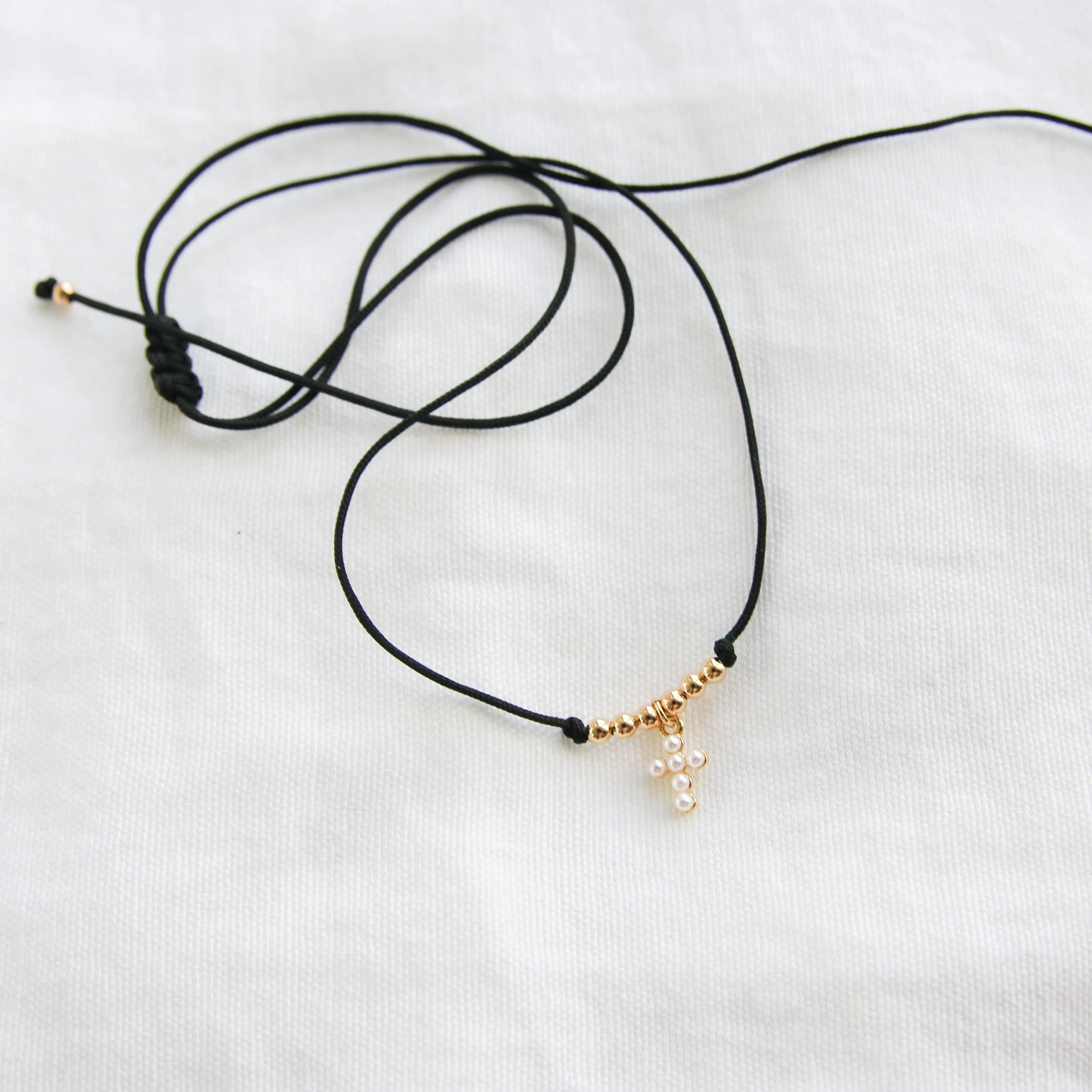 Tiny Pearl Cross Cotton Cord Choker