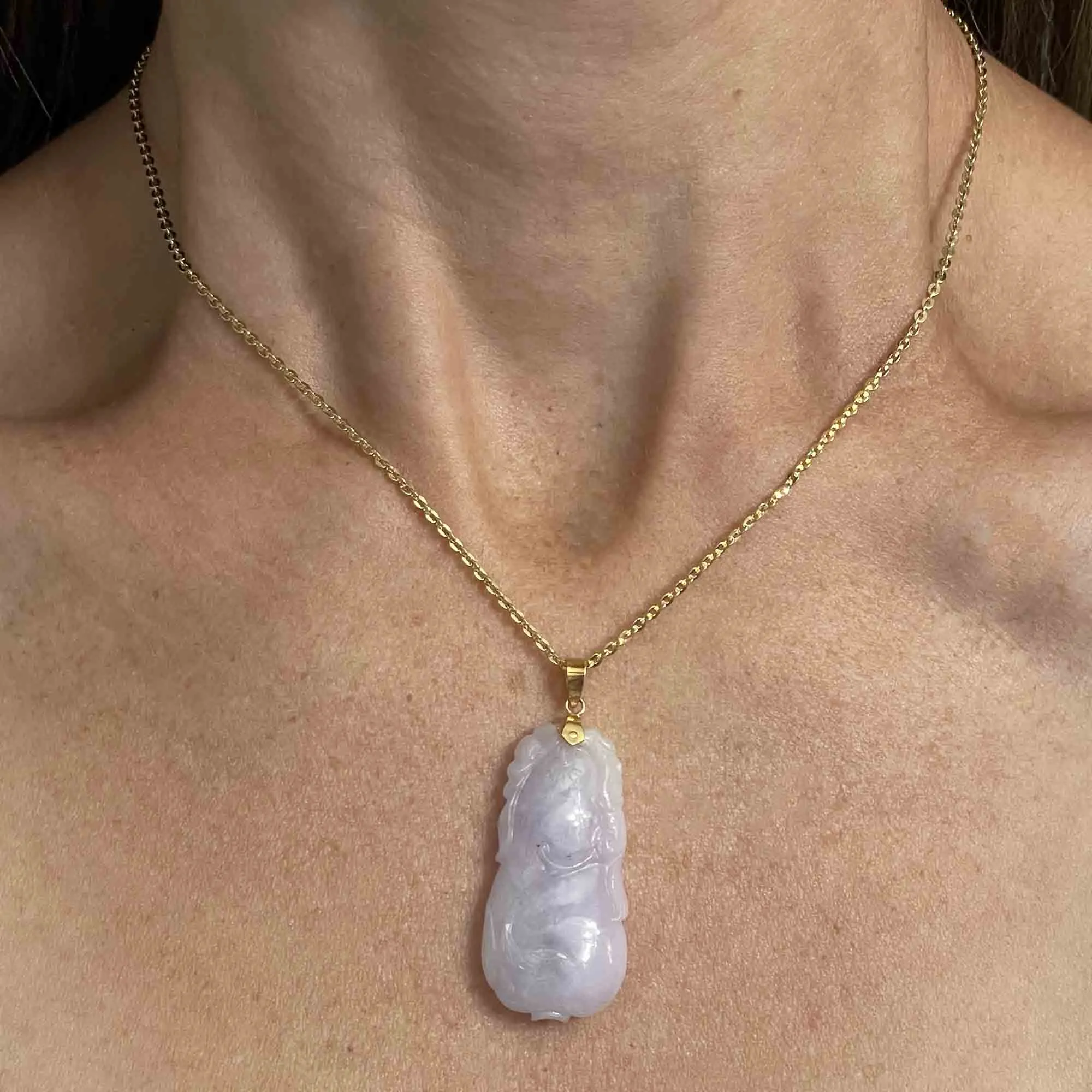 Vintage Carved Purple Jade Pendant Necklace in 14K Gold