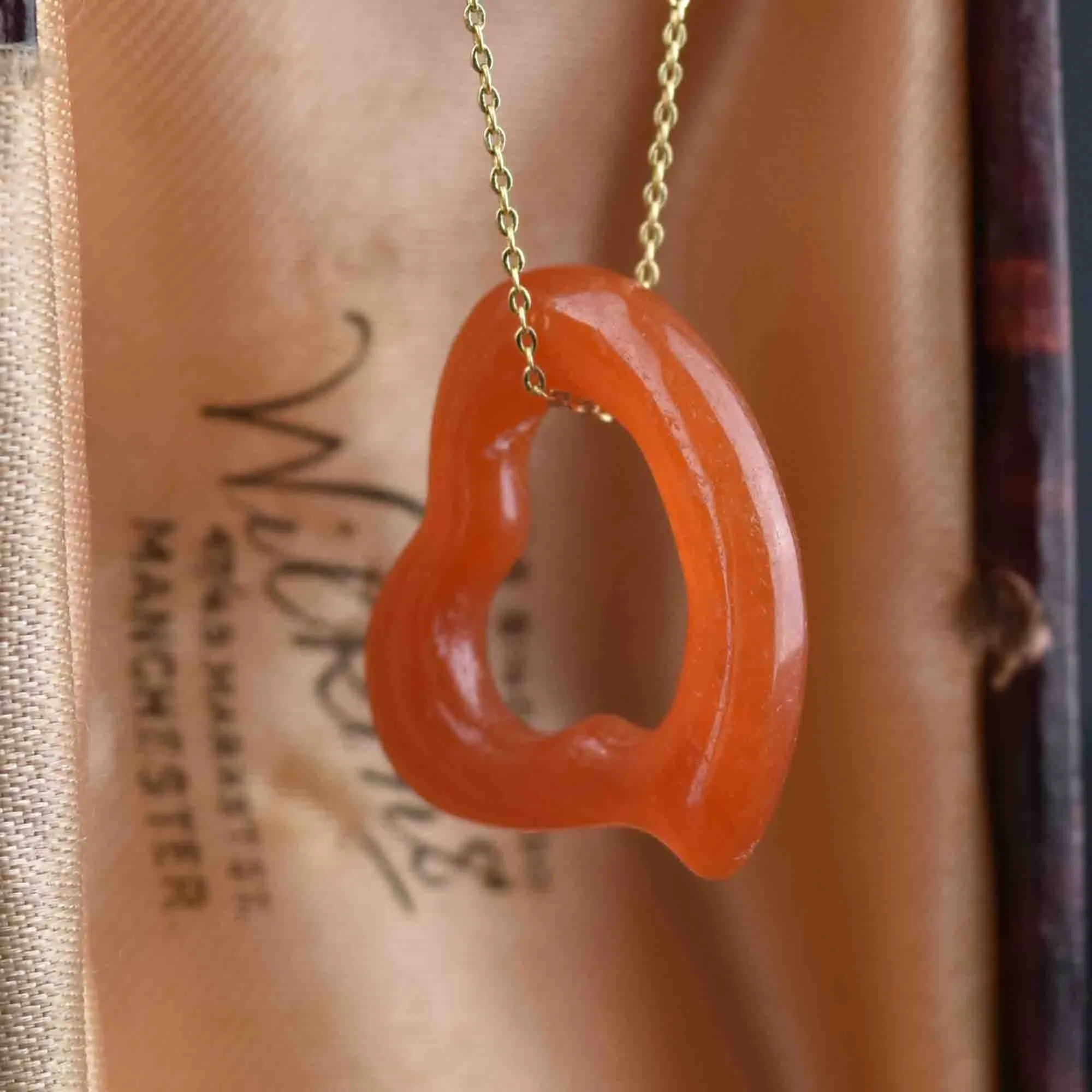 Vintage Orange Jade Witches Heart Pendant Necklace