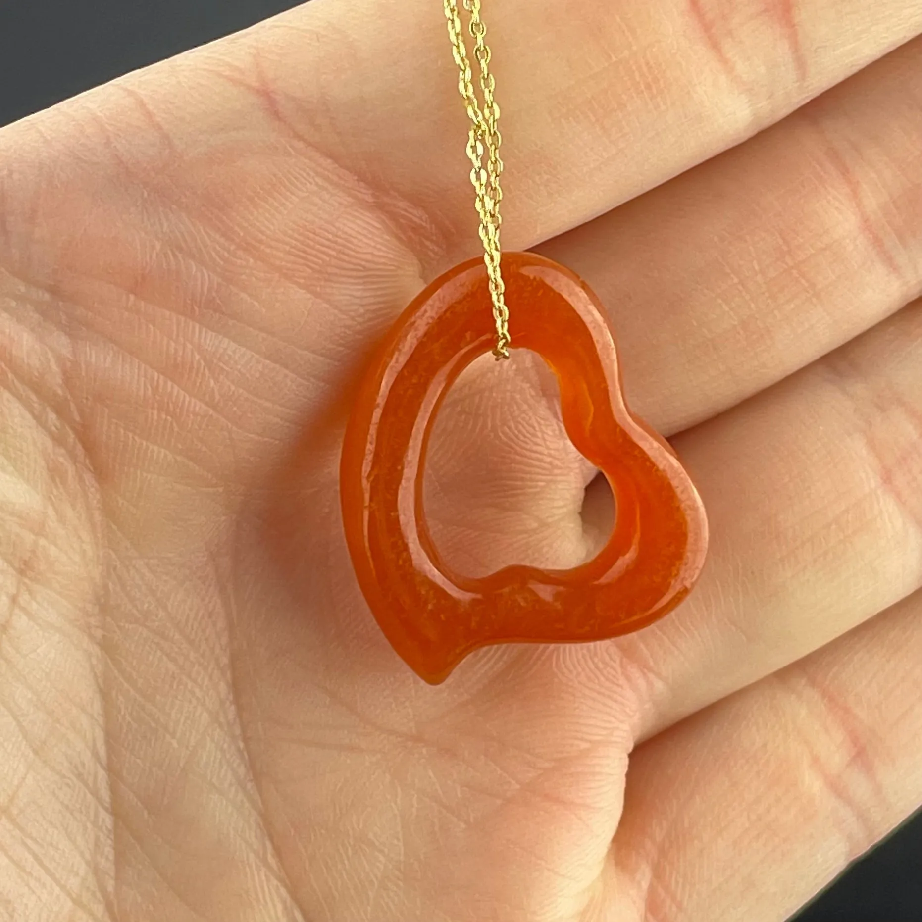 Vintage Orange Jade Witches Heart Pendant Necklace