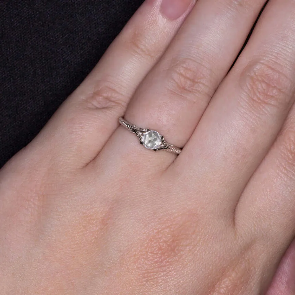 WHITE SAPPHIRE SOLITAIRE RING 14 GOLD ROSE CUT VINTAGE DAINTY ENGAGEMENT PROMISE