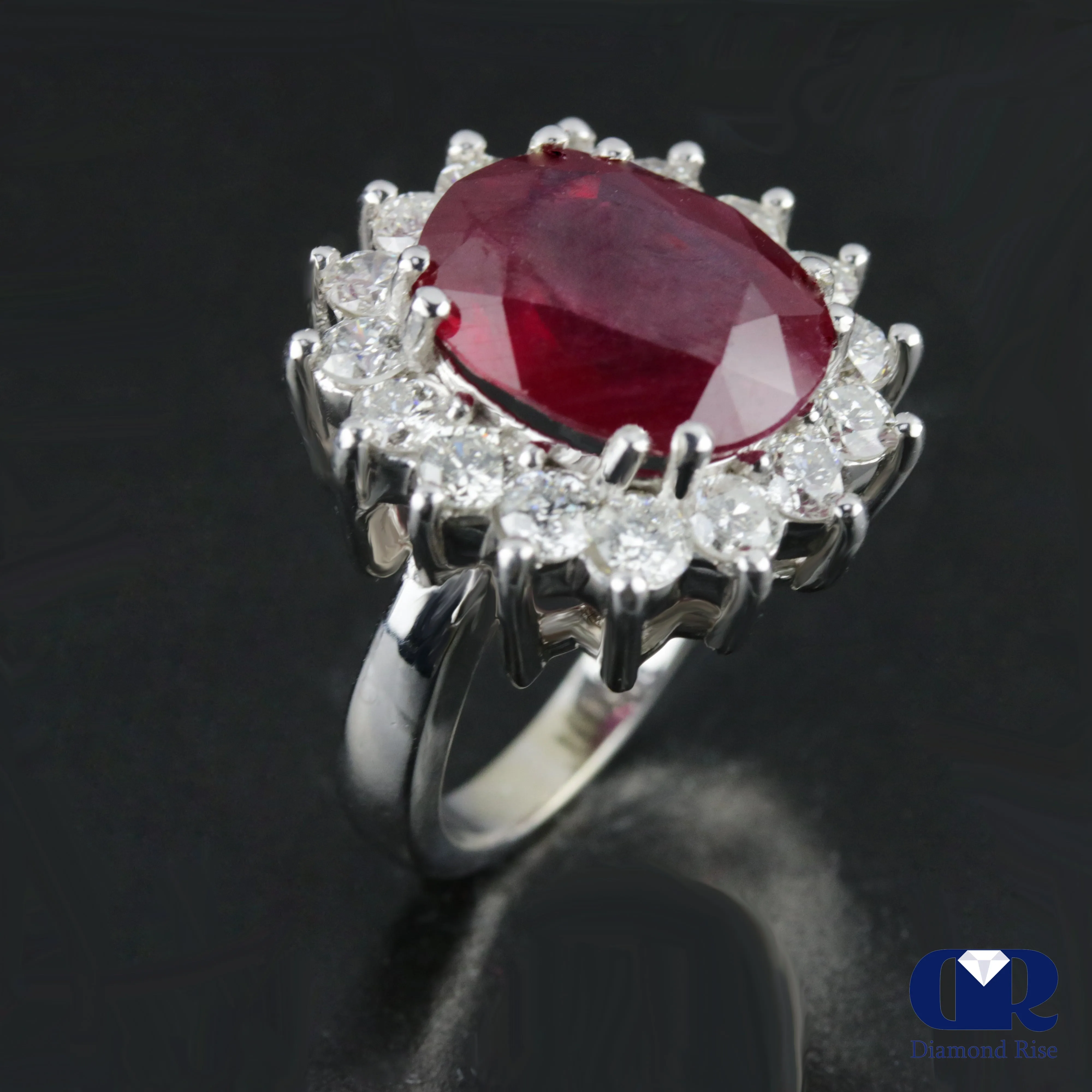 Women's Large Oval Ruby & Diamond Cocktail Ring Right Hand Ring In 14K White Gold