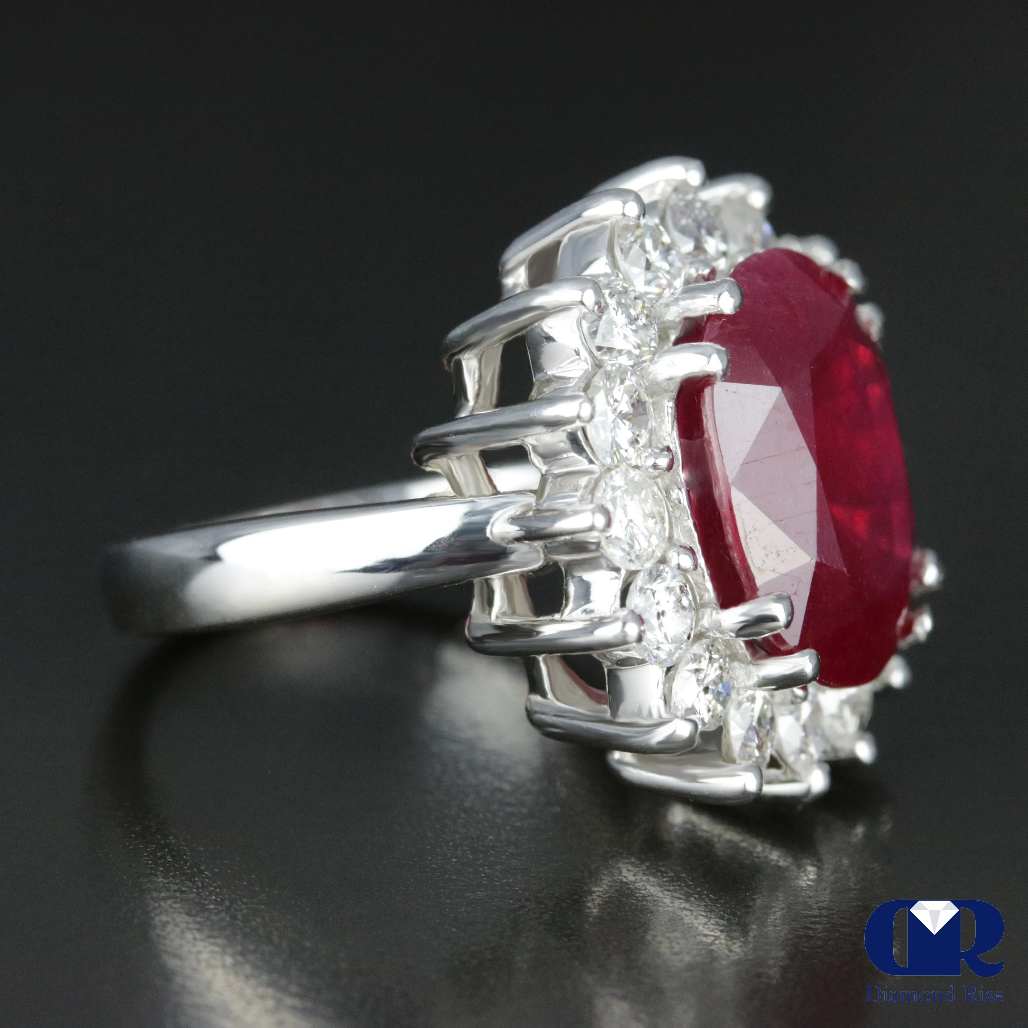 Women's Large Oval Ruby & Diamond Cocktail Ring Right Hand Ring In 14K White Gold
