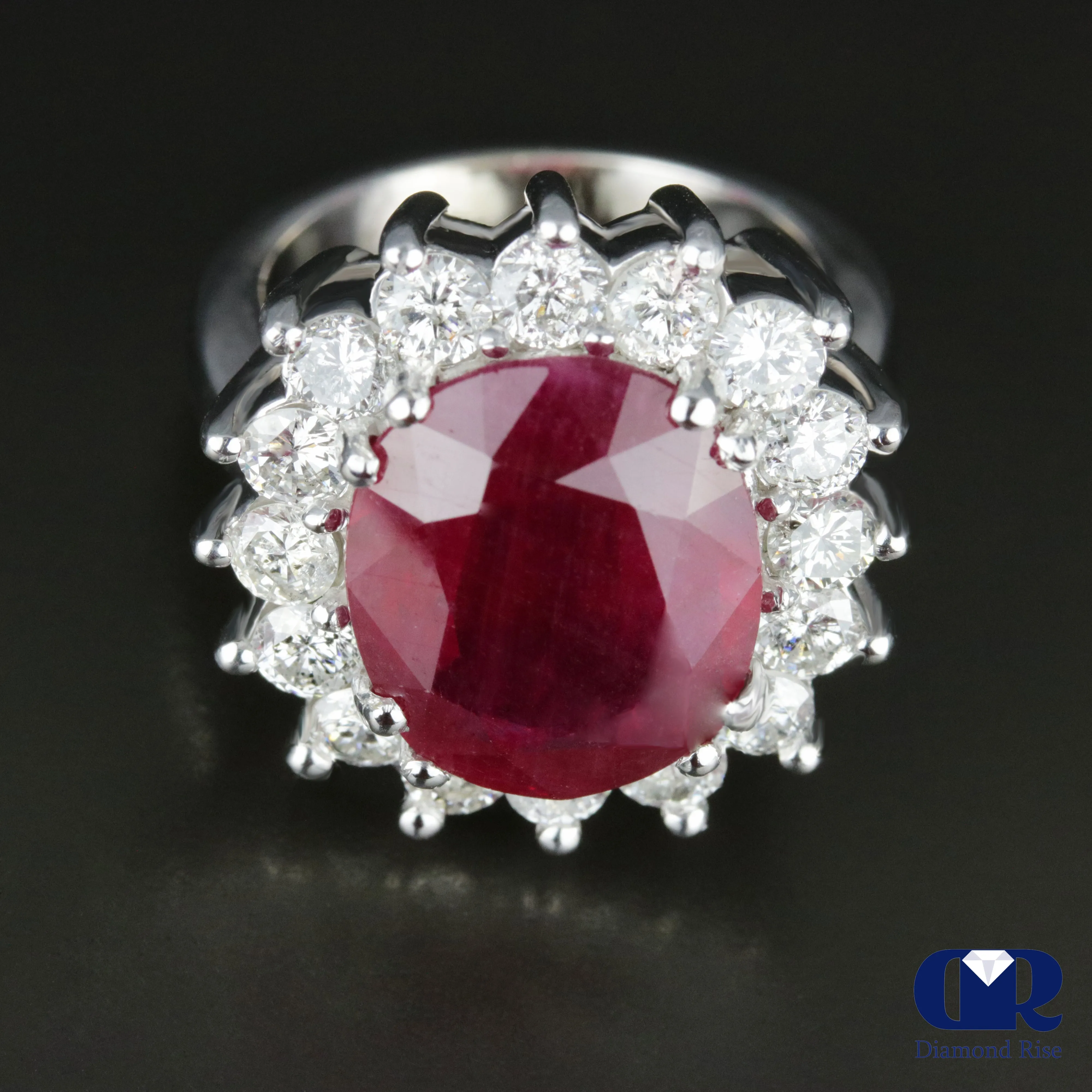 Women's Large Oval Ruby & Diamond Cocktail Ring Right Hand Ring In 14K White Gold