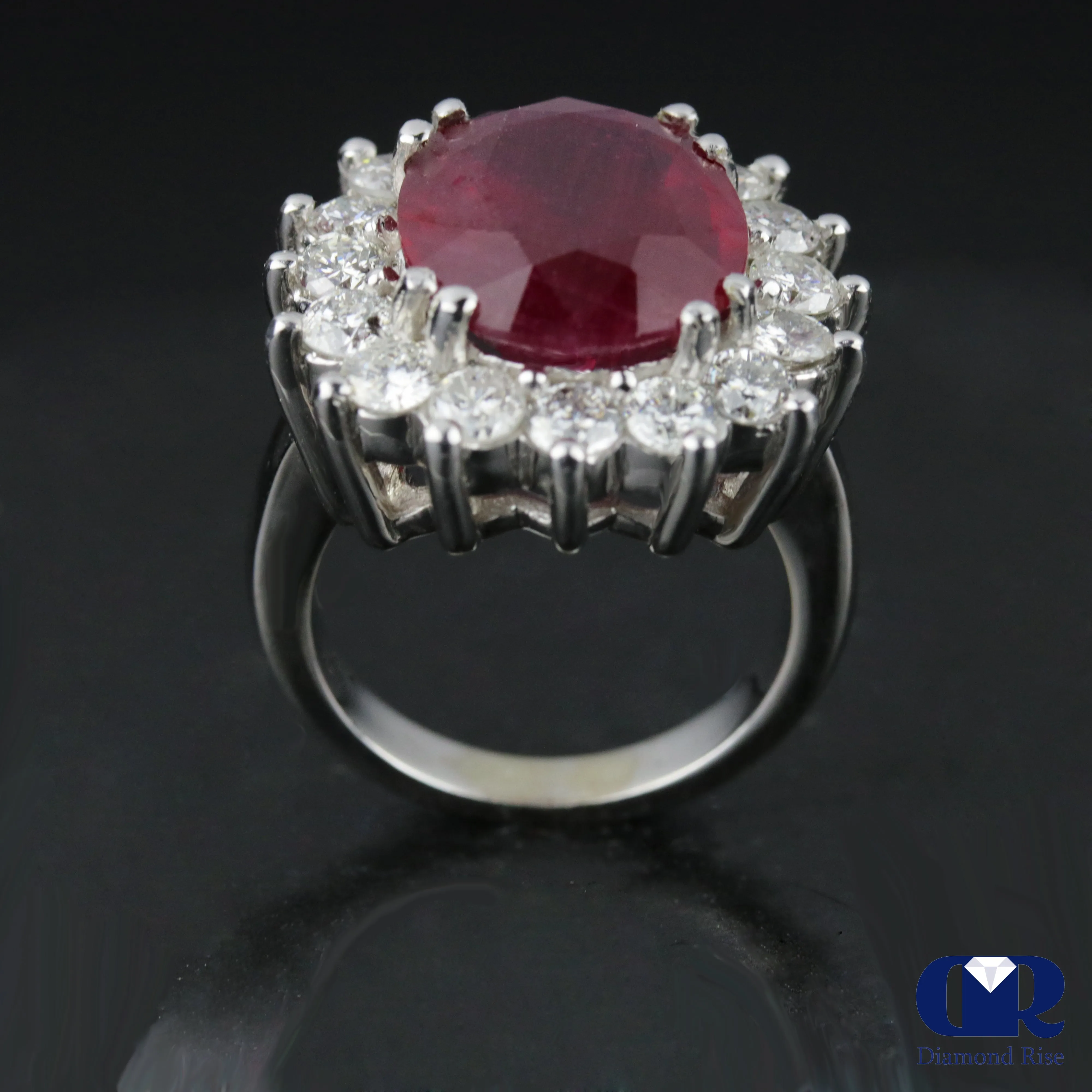 Women's Large Oval Ruby & Diamond Cocktail Ring Right Hand Ring In 14K White Gold
