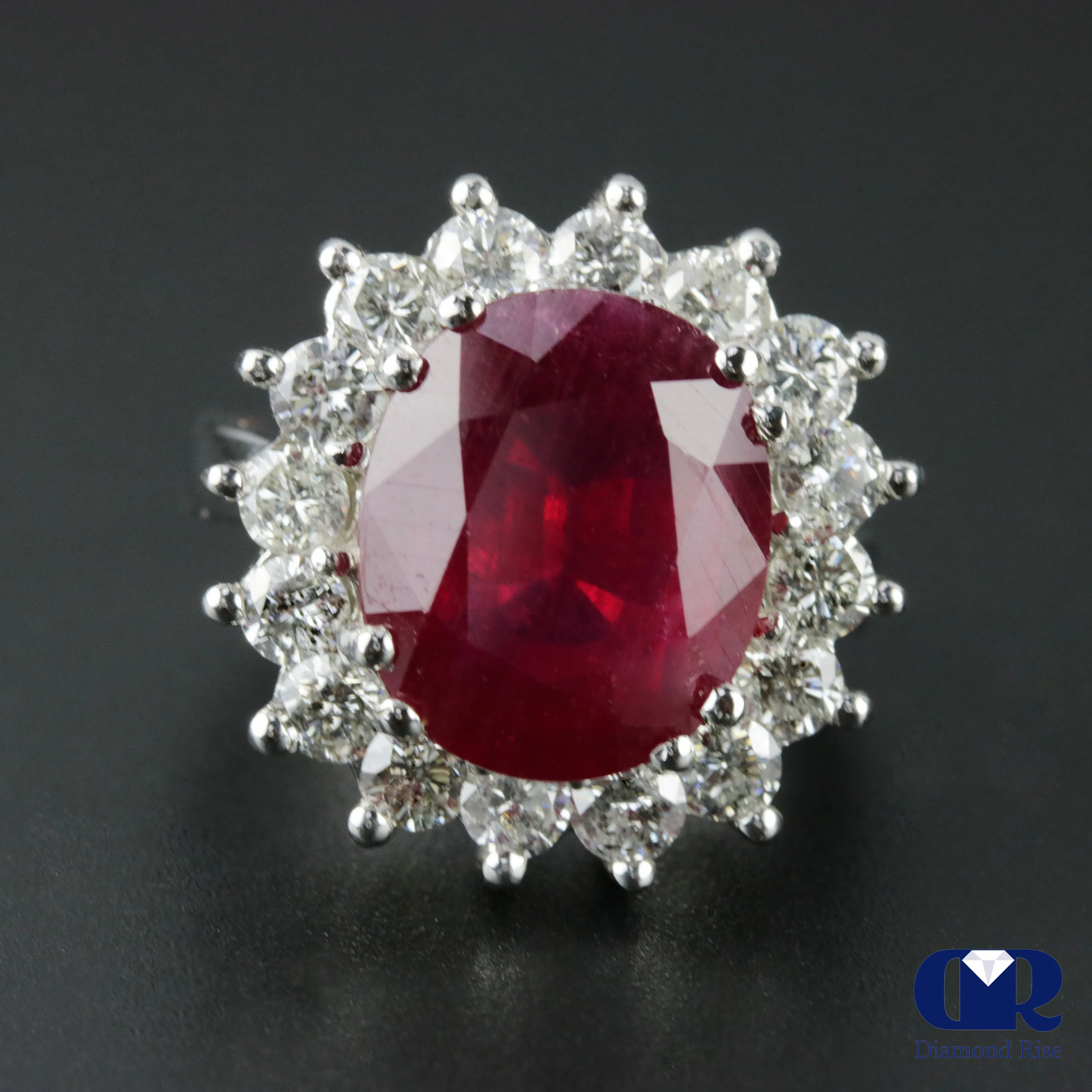 Women's Large Oval Ruby & Diamond Cocktail Ring Right Hand Ring In 14K White Gold