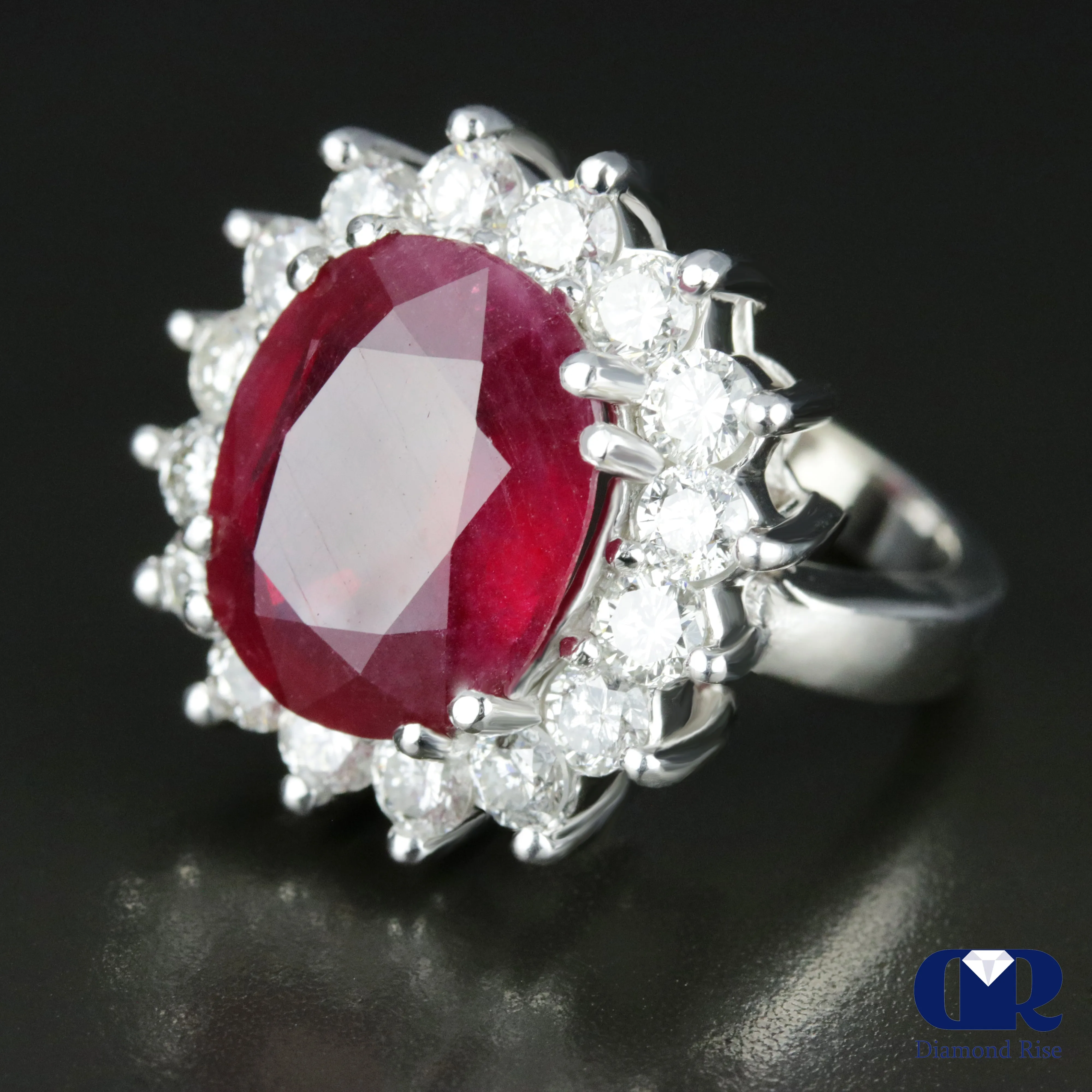 Women's Large Oval Ruby & Diamond Cocktail Ring Right Hand Ring In 14K White Gold