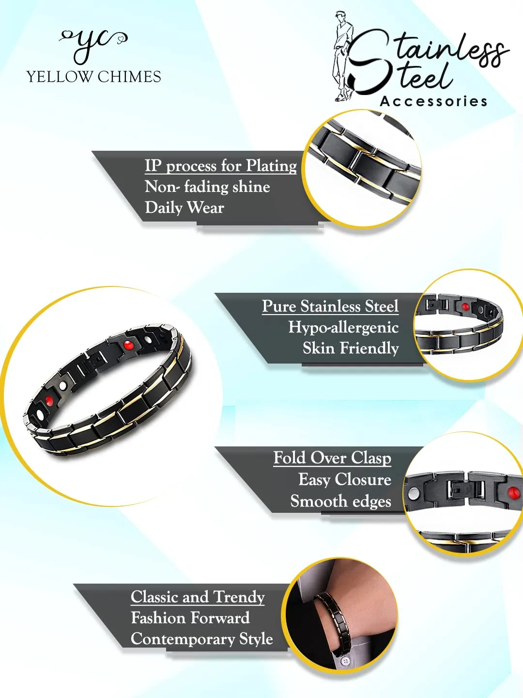 Yellow Chimes Bracelets for Men and Boys Black Link Curb Chain Mens Bracelets | Stainless Steel Titanium Magnetic therapy Chain Bracelet | Birthday Gift for Men and Boys Anniversary Gift for Husband