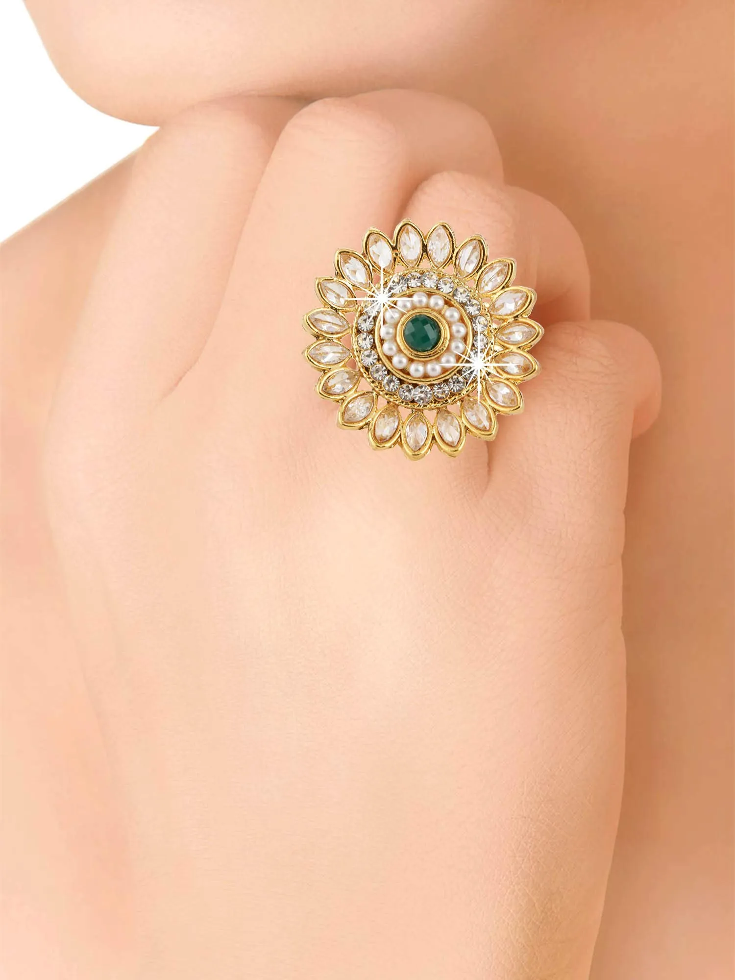Yellow Chimes Rings for Women and Girls | Traditional Gold Cocktail Ring | Adjustable Kundan Stone Rings | Gold Plated Ring | Floral Shaped Finger Ring for Women|Birthday and Anniversary Gift..