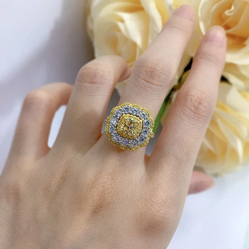 Yellow Cushion Cut Mixed Stone Cluster Promise Ring