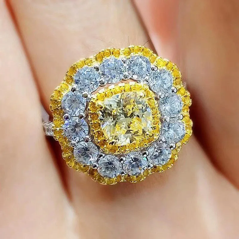 Yellow Cushion Cut Mixed Stone Cluster Promise Ring