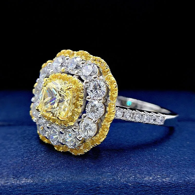 Yellow Cushion Cut Mixed Stone Cluster Promise Ring