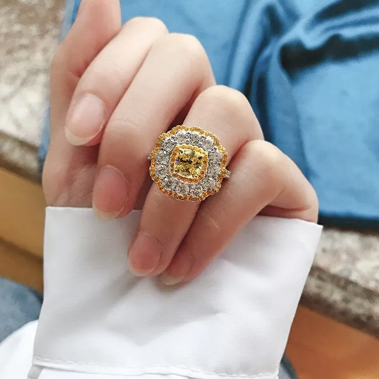 Yellow Cushion Cut Mixed Stone Cluster Promise Ring