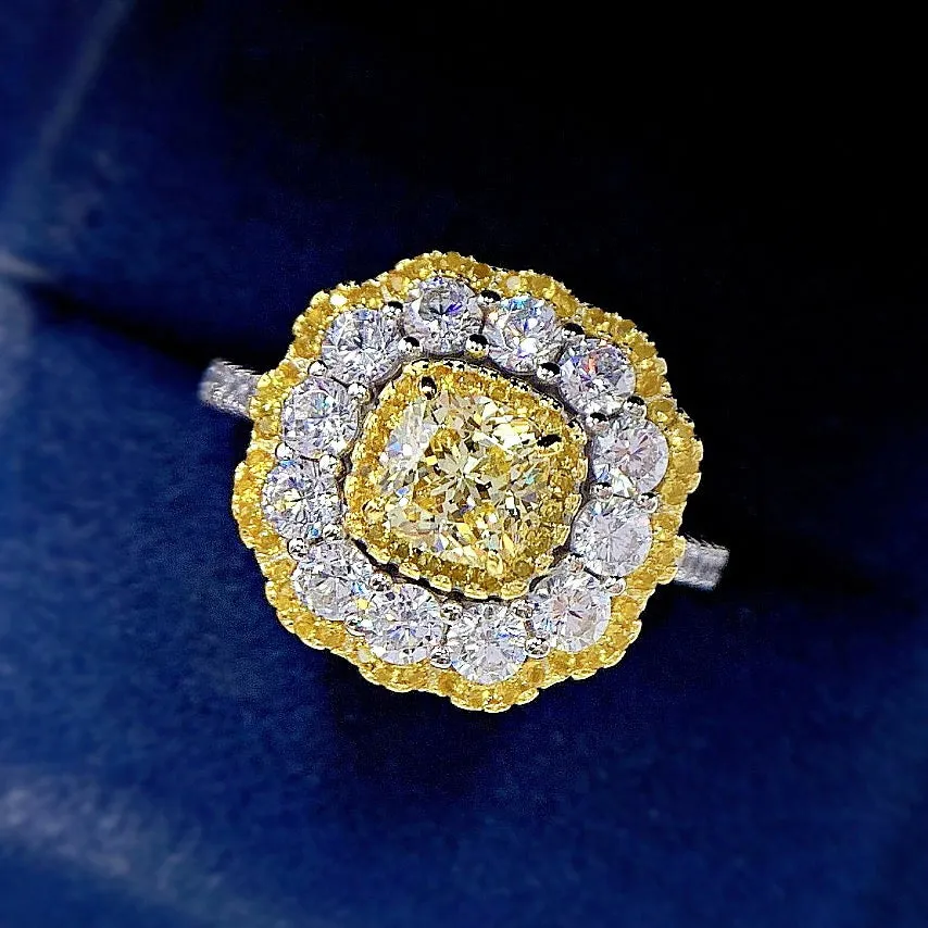 Yellow Cushion Cut Mixed Stone Cluster Promise Ring