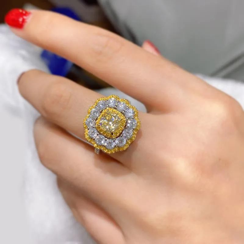 Yellow Cushion Cut Mixed Stone Cluster Promise Ring